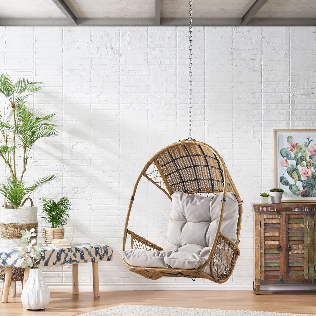 GDF Studio Indoor/Outdoor Wicker Hanging Chair with 8 Foot Chain (NO Stand),Egg Swing Hammock Chair,Wicker Egg Chair with Cushion for Patio Bedroom Porch Garden,400Lbs Capacity,Light Brown and Beige