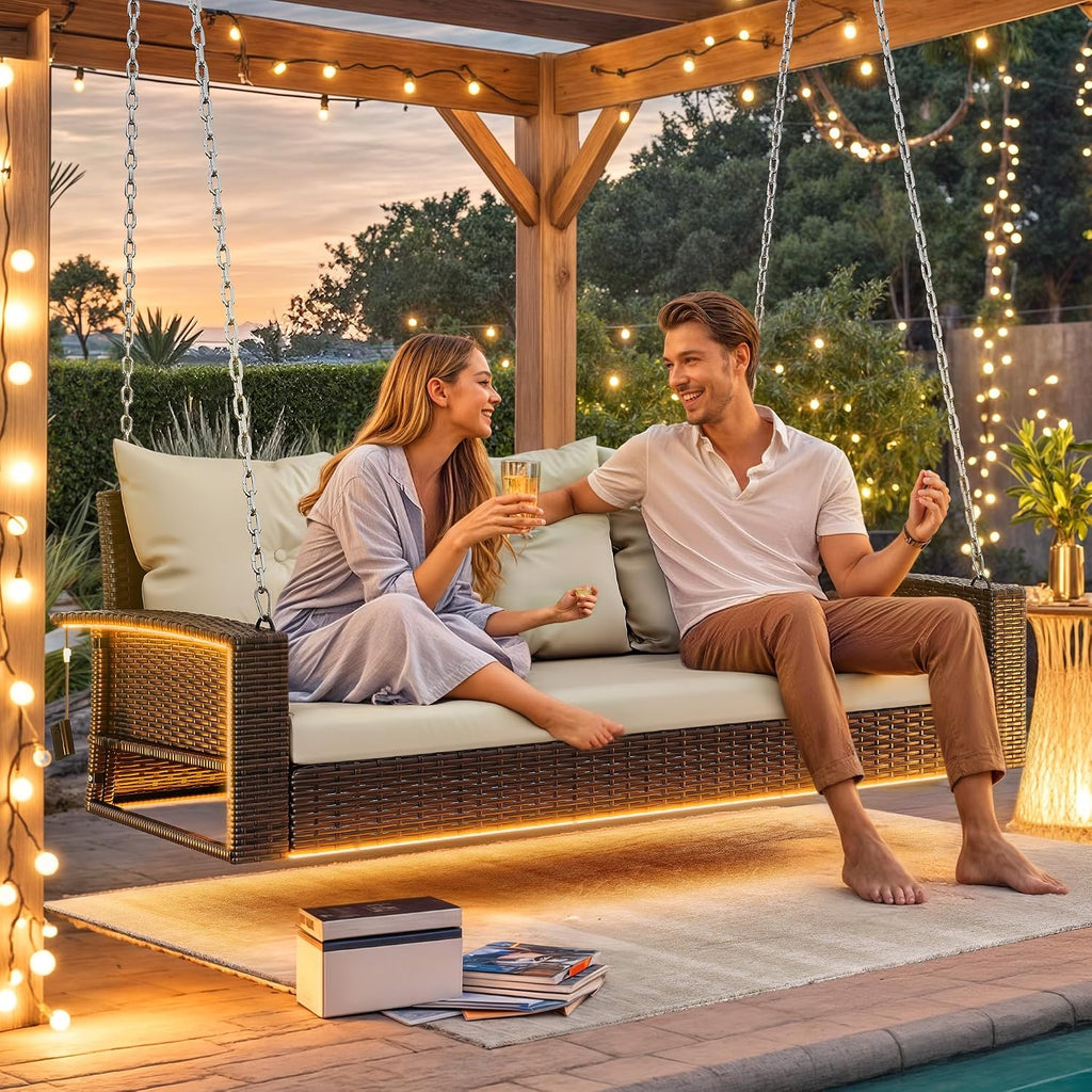DWVO LED 3-Seat Patio Porch Swing, Outdoor Wicker Hanging Porch Swing Chair Bench Rattan Chair with LED Lights & Soft Cushions for Outside, Garden, Backyard, Lawn, Light Brown & Beige