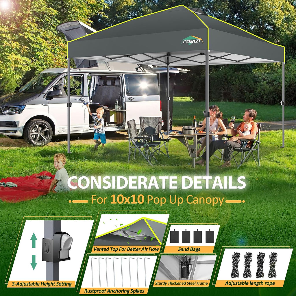 COBIZI Canopy 10x10 Pop Up Canopy Tent 1-Button Push Easy up Outdoor Canopy Instant Portable Commercial Shelter Waterproof UPF50+ Gazebo with Reflective Strip, Air Vent & 4 Sandbags,Grey