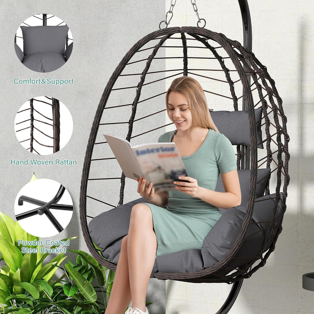 LEX CRAFT Hanging Egg Chair with Stand, Swinging Egg Chair Outdoor Indoor, Hanging Basket Chair with Cushion, Patio Wicker Hammock Chair 350lbs Capacity for Porch, Balcony, Backyard, Garden (Grey)