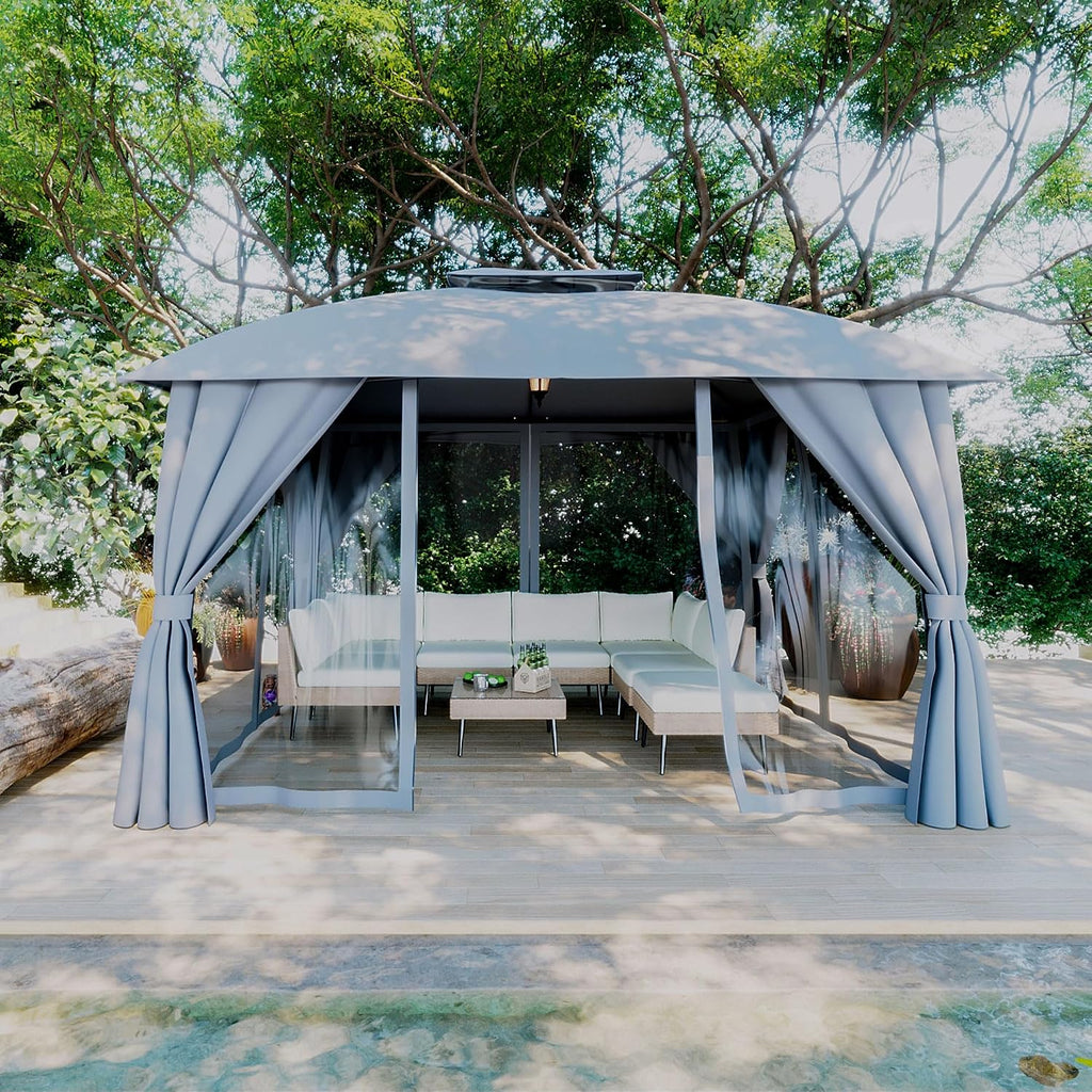 Gazebo 10x12 with Mosquito Netting & Privacy Screens. Double Roof Design Outdoor Gazebo with Trapezoidal Support System for Patio, Deck, Backyard, Garden & Lawns(Dark Gray)