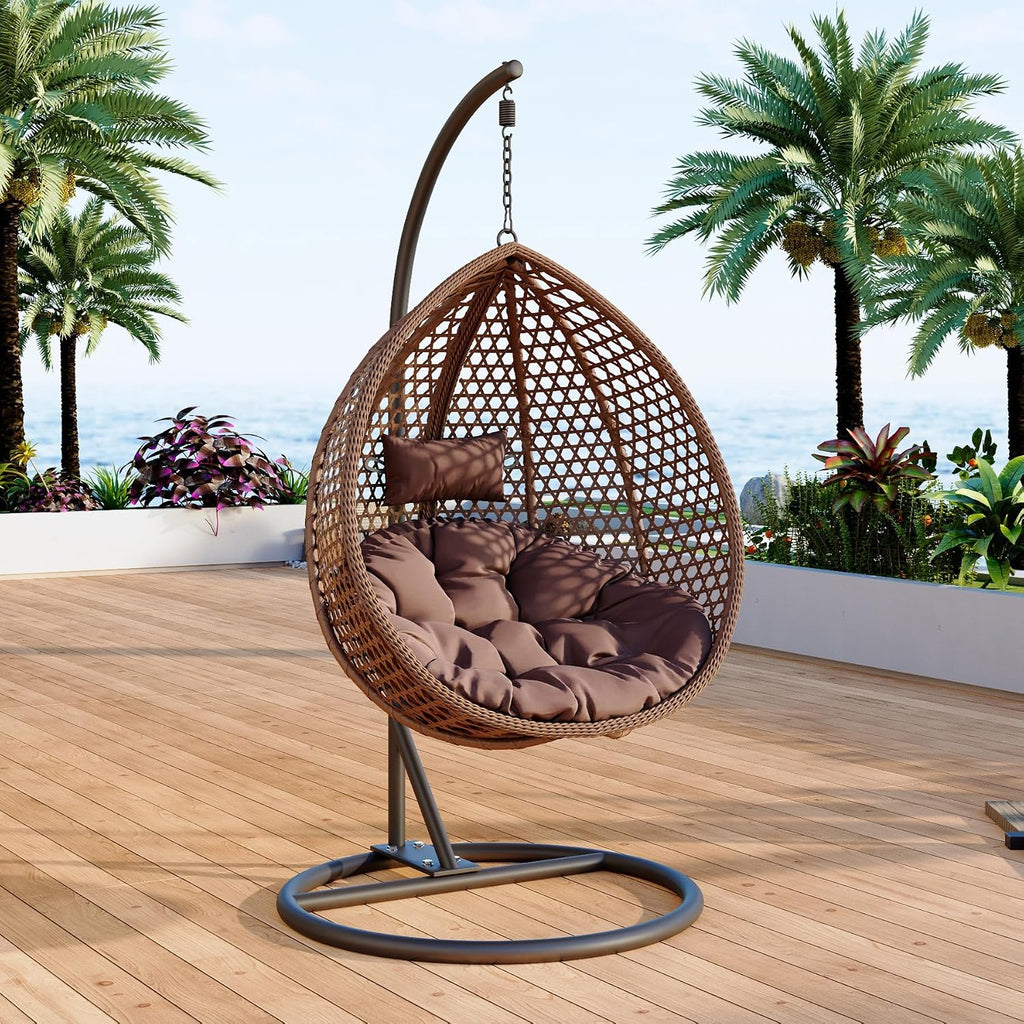 Egg Swing Chair Outdoor with Stand, Hanging Egg Rattan Basket Chair with Cushion and Pillow, Swinging Egg Chair, Foldable Basket and Metal Stand for Porch, Patio, Bedroom, Balcony,Yard (Brown)