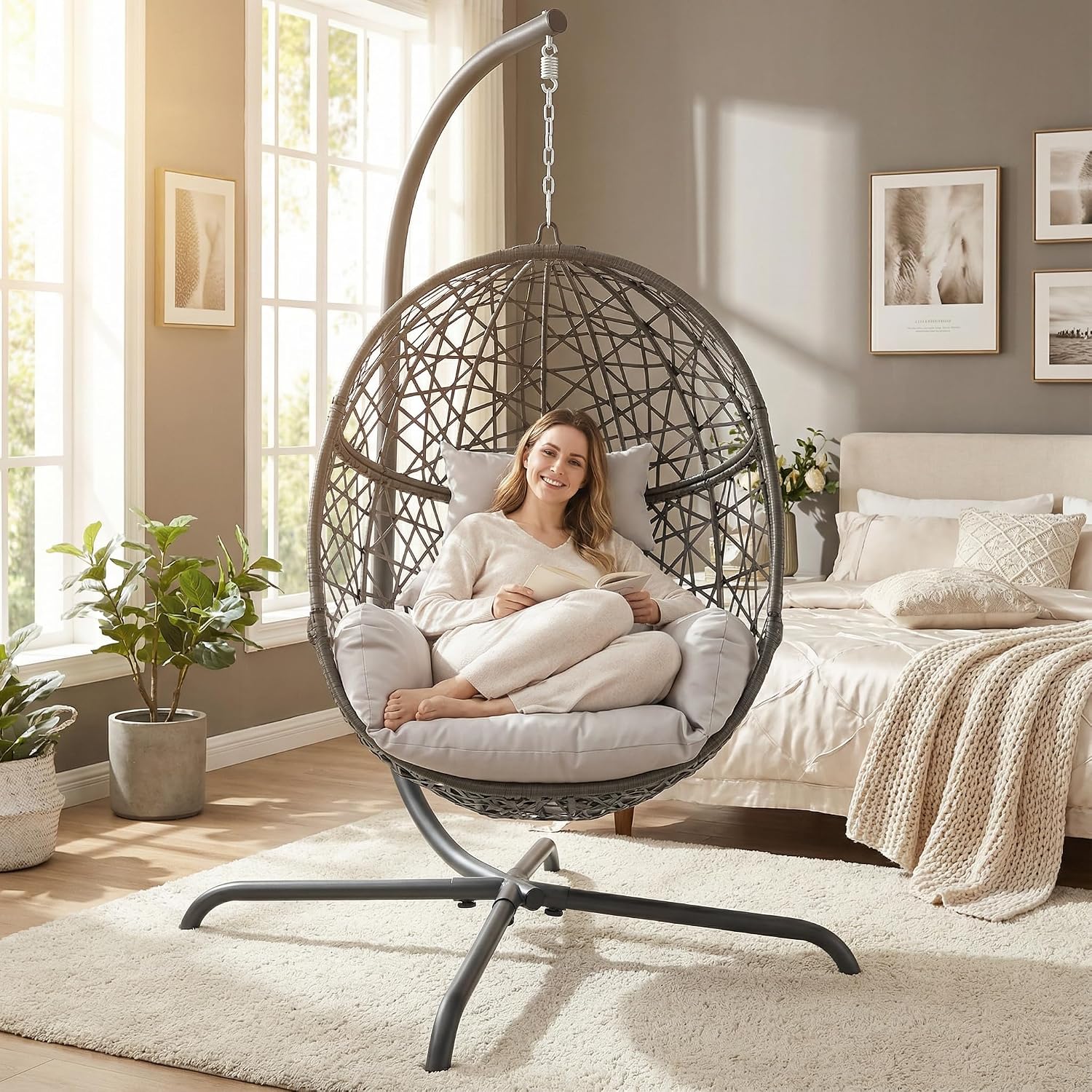 BULEXYARD Oversized Hanging Egg Chair with Stand, Indoor Outdoor Grey Wicker Bird Cage Swing Chair, Patio Hammock Egg-Shaped Chair with Light Grey Cushion for Sunroom, Deck, 350lbs Capacity