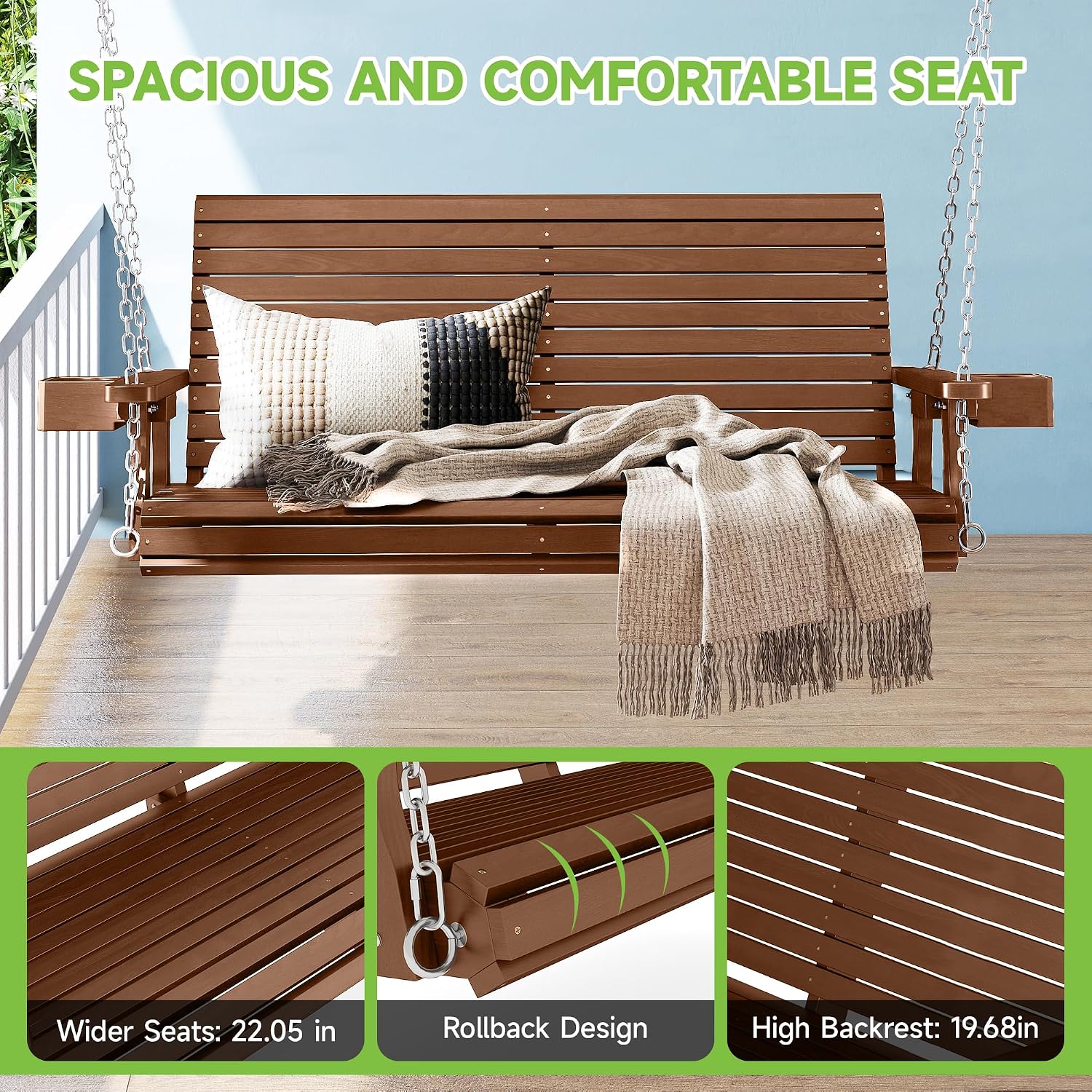 Real Relax 2-Seater Front Porch Swing, Wooden Outdoor Porch Swing Bench Chair with Cupholders, Upgraded 22' Deep Seat, Heavy Duty 880 Lbs Hanging Chains for Outdoor, Patio, Backyard 4 FT (Teak Tone)