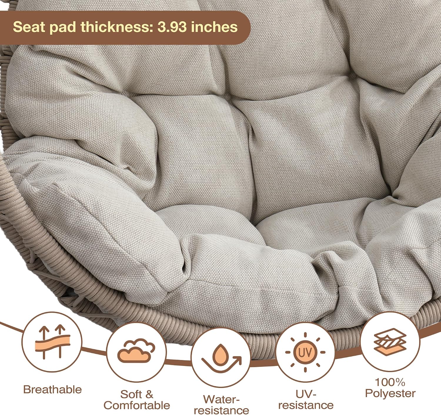 Hanging Egg Chair with Stand, Foldable Hammock Swing Chair Made by Durable All-Weather Core-Spun Polyester Rope with Yarn-Dyed Fabric Cushion for Indoor Outdoor, 350Lbs Capacity (Grey Cushion)