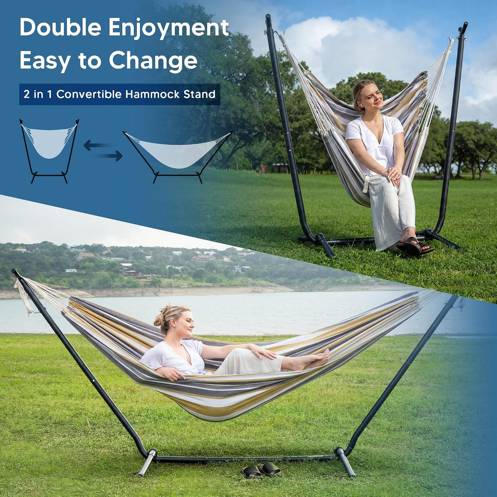 SUNCREAT 2-in-1 Convertible Backyard Fabric Hammock with Stand, Large Hammocks for Outside, Coffee & White