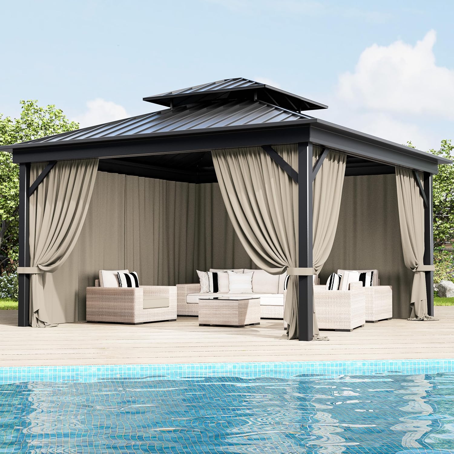 Outdoor Gazebo Curtain Replacement Universal 4-Panel Sidewalls 12' X 12',Outdoor Patio Waterproof Privacy Curtain with Double Zipper for Patio,Garden, and Backyard (Curtain Only)