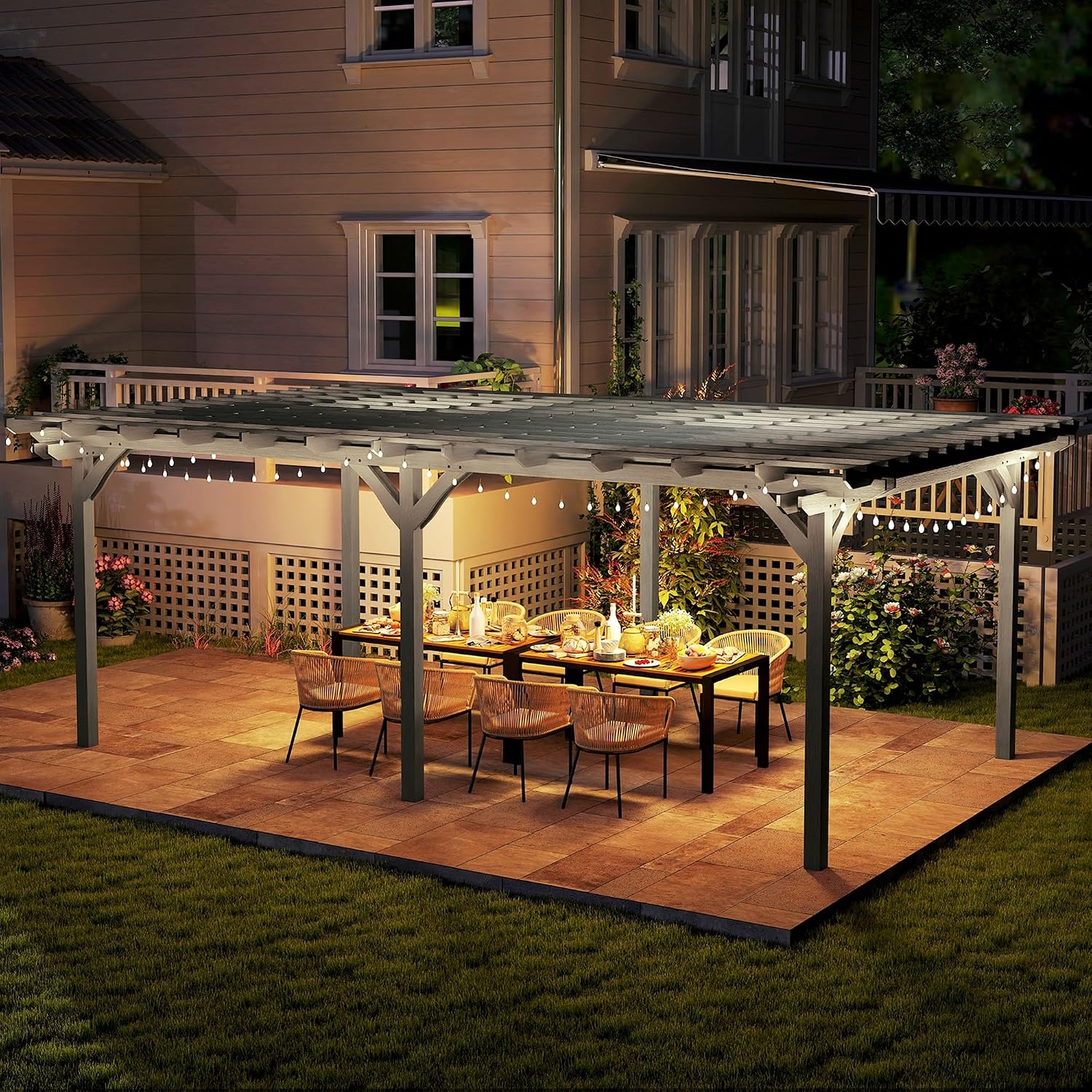 Outsunny 12' x 20' Outdoor Pergola, Wood Gazebo Grape Trellis with Stable Structure for Climbing Plant Support, Garden, Patio, Backyard, Deck, Gray