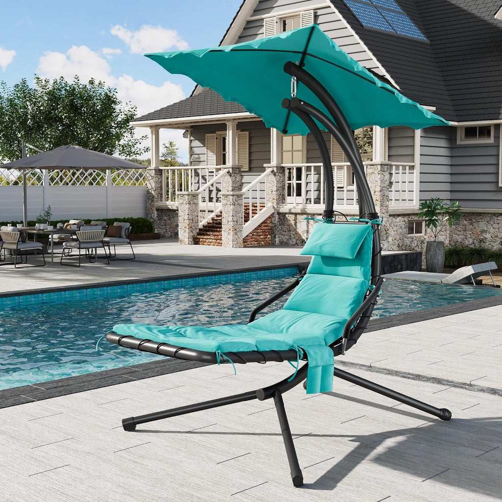 Hanging Chaise Lounge Swing Chair, Hanging Curved Chaise Lounge Chair Umbrella, Curved Steel Hammock Lounger Chairs for Outdoor Indoor Patio Pool Garden Backyard Porch