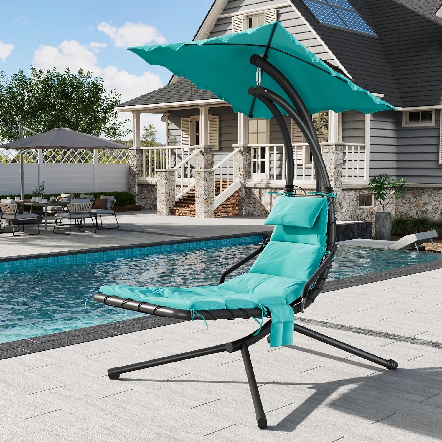 Hanging Chaise Lounge Swing Chair, Hanging Curved Chaise Lounge Chair Umbrella, Curved Steel Hammock Lounger Chairs for Outdoor Indoor Patio Pool Garden Backyard Porch