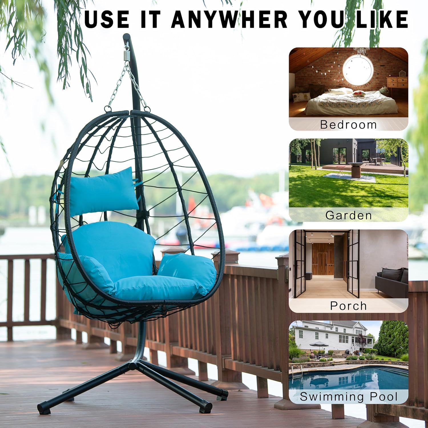 ZSQ Hanging Egg Chair with Stand, Indoor Outdoor Wicker Patio Swing Chair, All-Weather with Cushion (Light Blue)