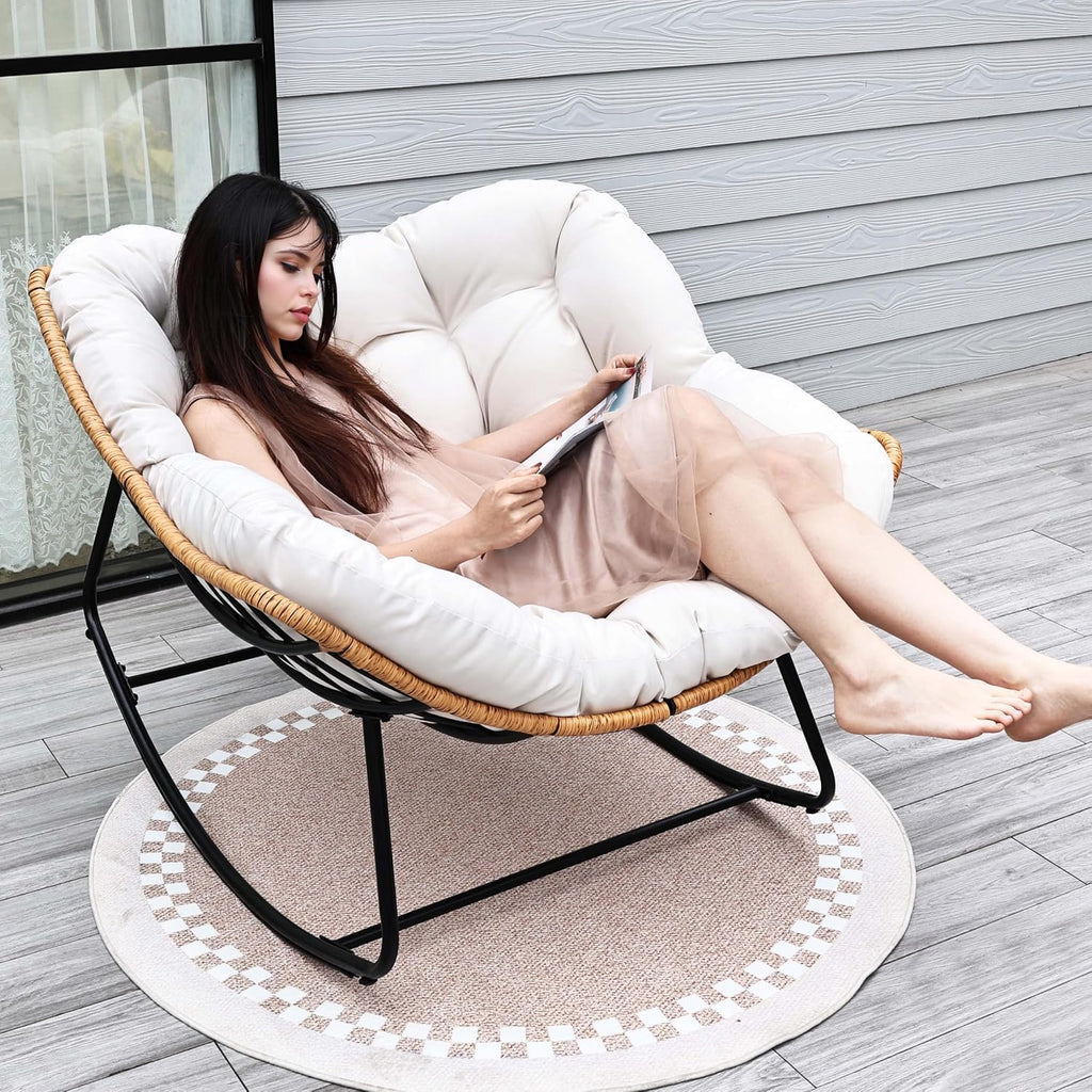 Outdoor Egg Rocking Chair, Indoor Papasan Rocking Chair with Thick Cushion, Modern Lounge Rocker for Balcony, Living Room, Bedroom, Porch, Lawn, Garden (Ivory)