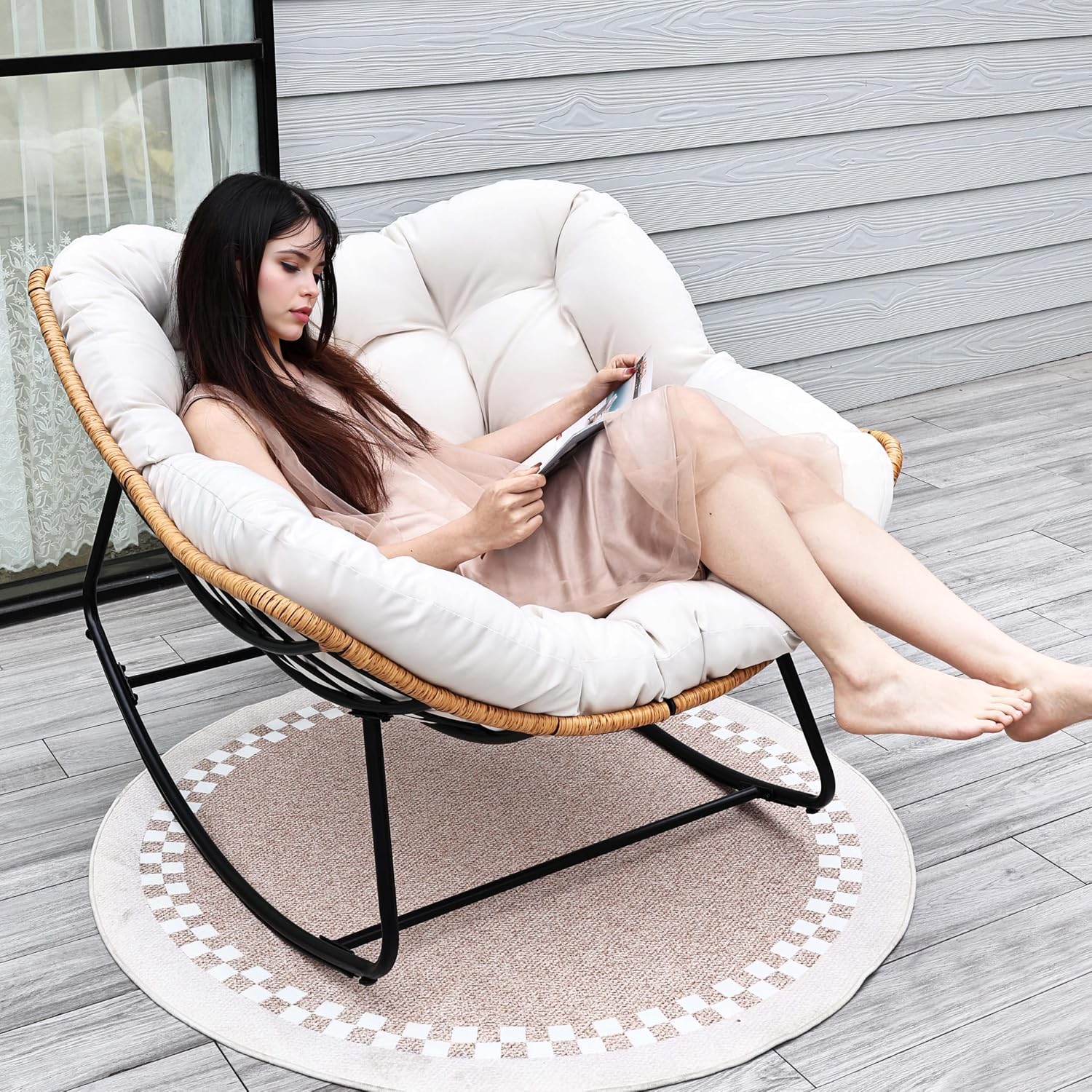 Outdoor Egg Rocking Chair, Indoor Papasan Rocking Chair with Thick Cushion, Modern Lounge Rocker for Balcony, Living Room, Bedroom, Porch, Lawn, Garden (Ivory)