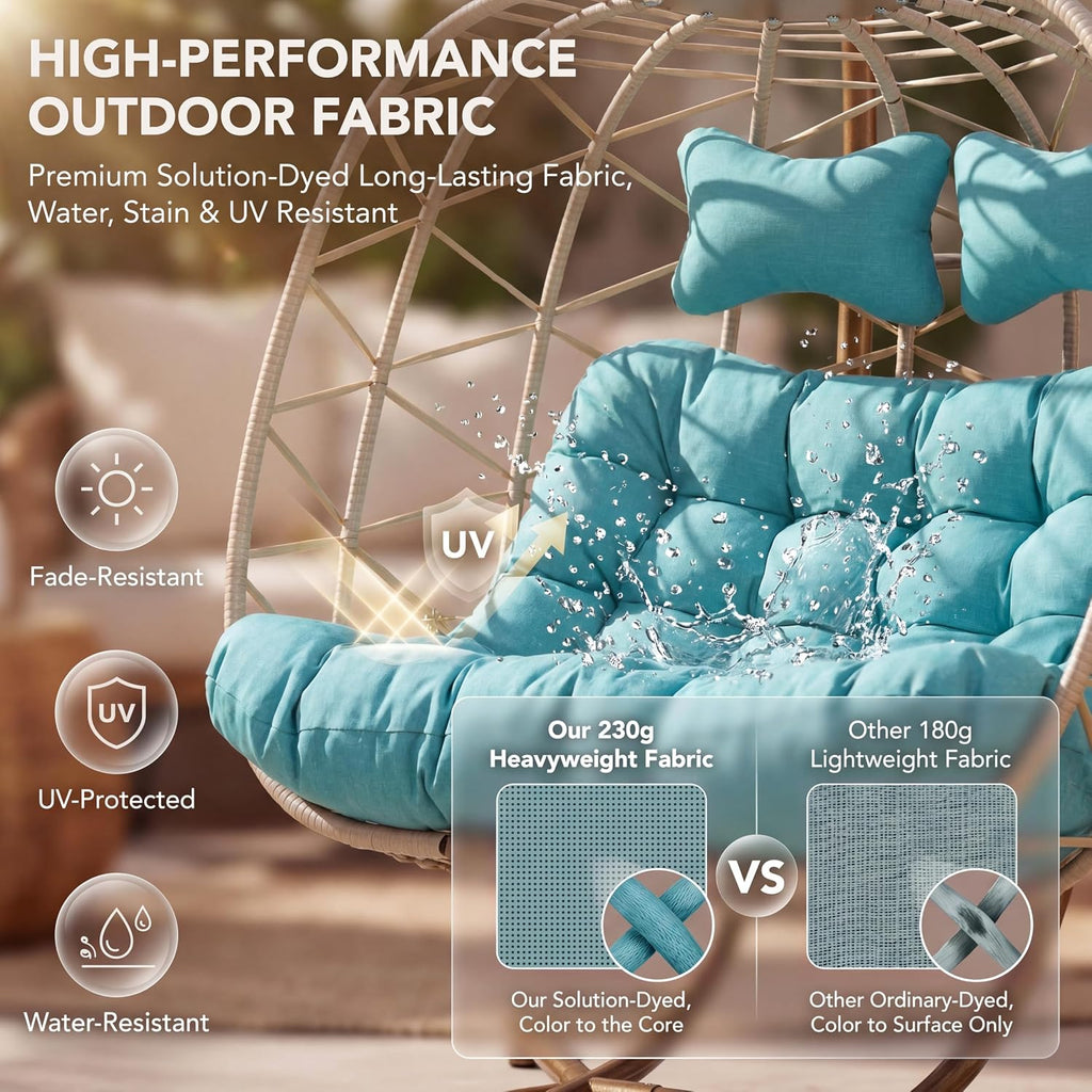 NICESOUL Double Egg Chair Outdoor Indoor, Oversized 2 Person Swing with Stand, All-Weather Wicker Large Hanging Loveseat, Heavy Duty Patio Swinging Seat with Cushion for Balcony, Beige & Teal