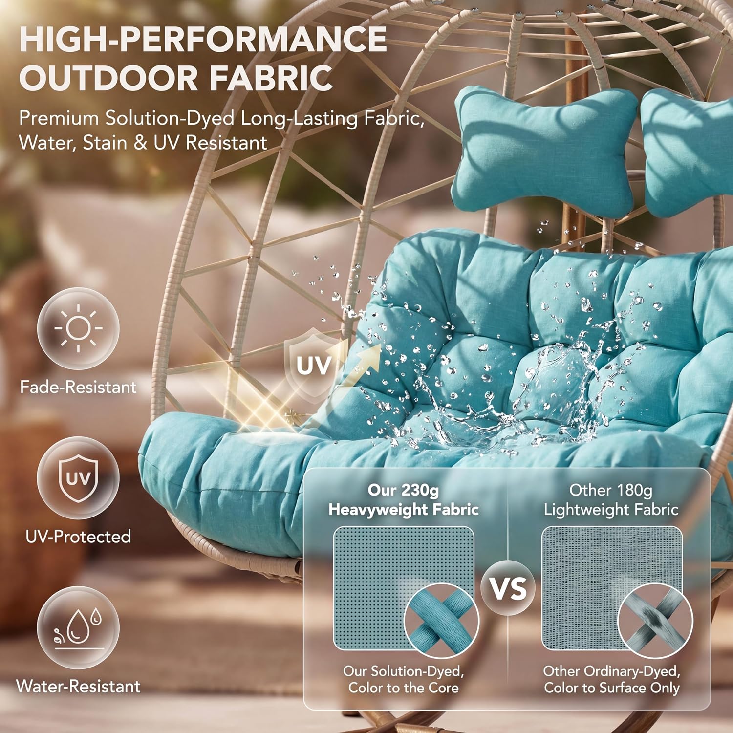 NICESOUL Double Egg Chair Outdoor Indoor, Oversized 2 Person Swing with Stand, All-Weather Wicker Large Hanging Loveseat, Heavy Duty Patio Swinging Seat with Cushion for Balcony, Beige & Teal