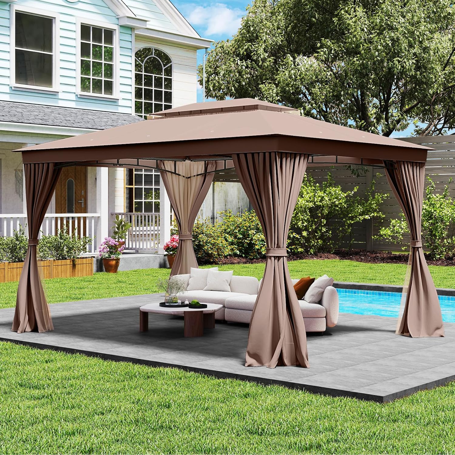 Tangkula 10x13 FT Outoor Gazebo, Metal Patio Gazebo with Mesh Netting & Privacy Curtains, Heavy-Duty Metal Frame, 2-Tier Vent for Yard Deck Poolside