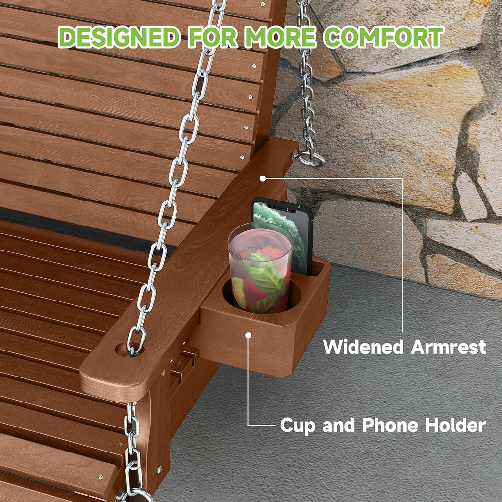 Real Relax 2-Seater Front Porch Swing, Wooden Outdoor Porch Swing Bench Chair with Cupholders, Upgraded 22' Deep Seat, Heavy Duty 880 Lbs Hanging Chains for Outdoor, Patio, Backyard 4 FT (Teak Tone)