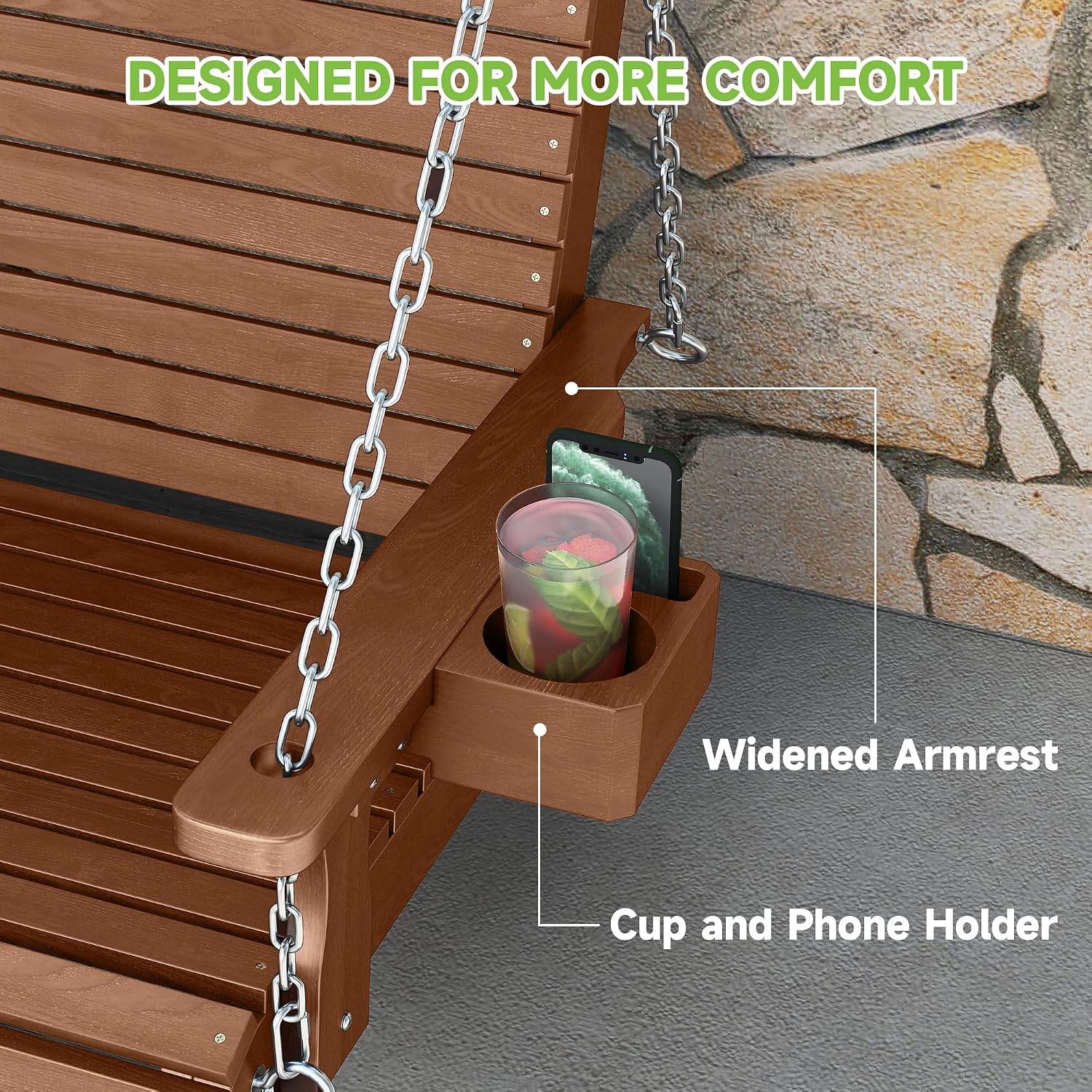 Real Relax 2-Seater Front Porch Swing, Wooden Outdoor Porch Swing Bench Chair with Cupholders, Upgraded 22' Deep Seat, Heavy Duty 880 Lbs Hanging Chains for Outdoor, Patio, Backyard 4 FT (Teak Tone)