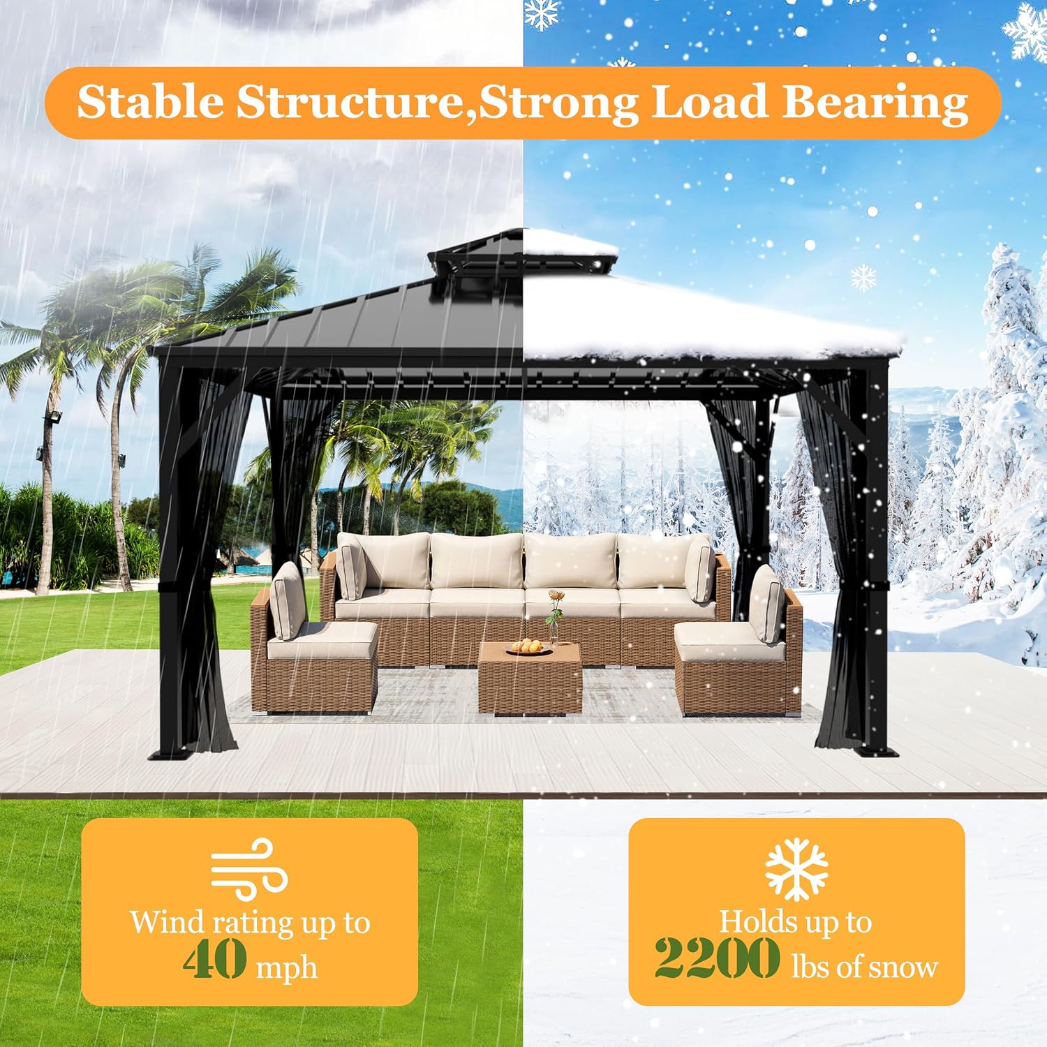 MUPATER 10X10 FT Hardtop Gazebo with Galvanized Steel Double Roof, Outdoor Metal Pergola Gazebo with Aluminum Frame, Drainage System for Garden, Lawn and Patio, Black