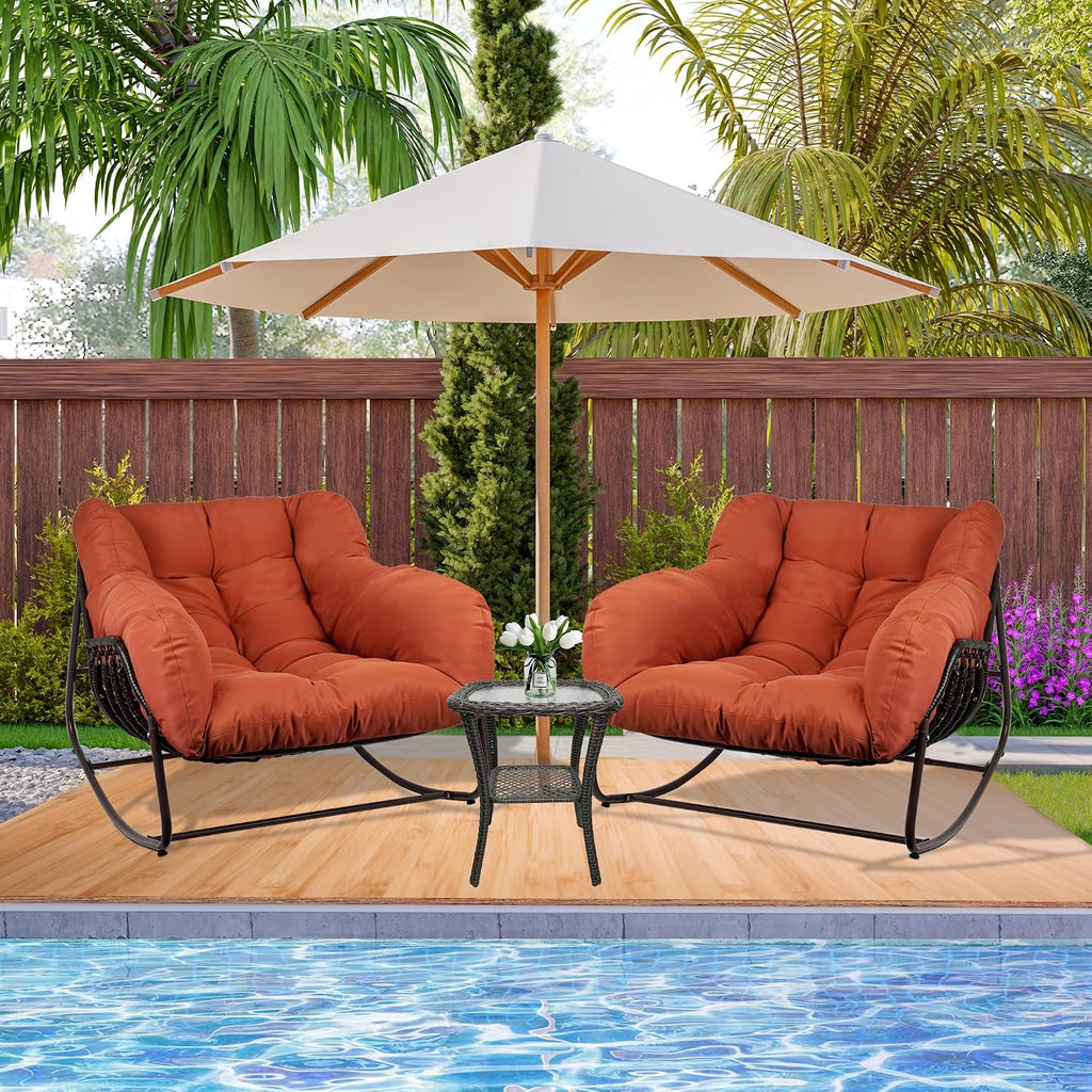Papasan Rocking Chair Indoor & Outdoor, All Weather Wicker Papasan Patio Chair with Cushion & Pillow, Oversized Papasan Rocker Egg Chair for Bedroom, Garden, Patio - Red.
