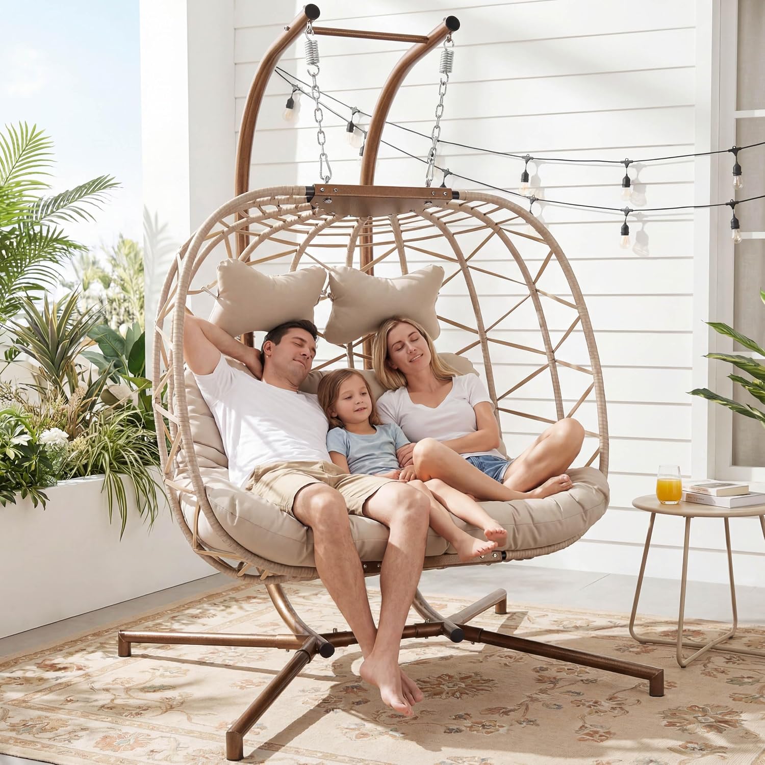 BULEXYARD 2 Person Double Egg Swing Chair with Stand, Oversized Boho Hanging Hammock Wicker Loveseat with Cushion, Comfy Outdoor Patio Chair for Balcony Backyard Bedroom, Beige