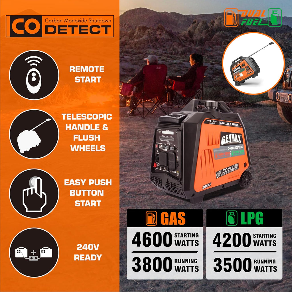 GENMAX Dual Fuel Generator,4600W ultra-quiet 159cc engine,Electric & Remote Start with CO Alert and LED light digital display,Ideal for Camping outdoor & Home backup power.EPA &CARB Compliant