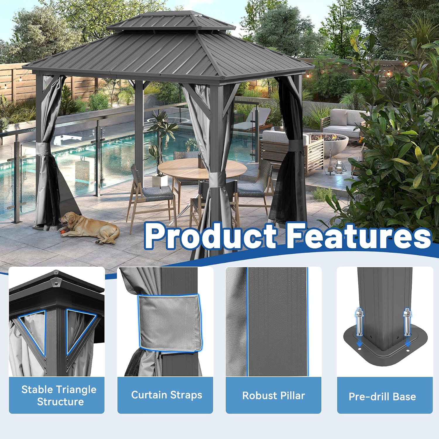Hardtop Gazebo 8x10 FT, Metal Outdoor Gazebos with Galvanized Steel Double Roof, Curtains and Nettings, Permanent Gazebo Pavilion for Patio Wedding, Party, Outdoor Dining -Grey