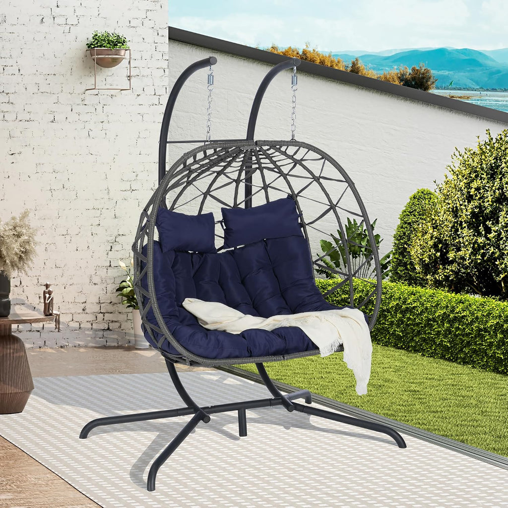 JOYBASE Double Swing Egg Chair with Stand, 2-Person Hanging Egg Chair Wicker Rattan Oversized Swinging Chair for Outdoor Indoor Garden Patio (Dark Blue Cushion and Grey Rattan)