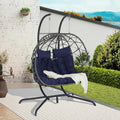 JOYBASE Double Swing Egg Chair with Stand, 2-Person Hanging Egg Chair Wicker Rattan Oversized Swinging Chair for Outdoor Indoor Garden Patio (Dark Blue Cushion and Grey Rattan)