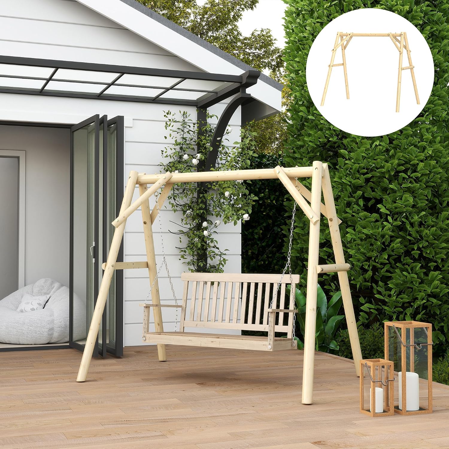 Outsunny 660 lbs Porch Swing Frame, Heavy Duty A-Frame Wooden Swing Stand for DIY Painting, Freestanding Hanging Chair Stand Only for Porch, Lawn, Garden, Backyard, Natural Wood