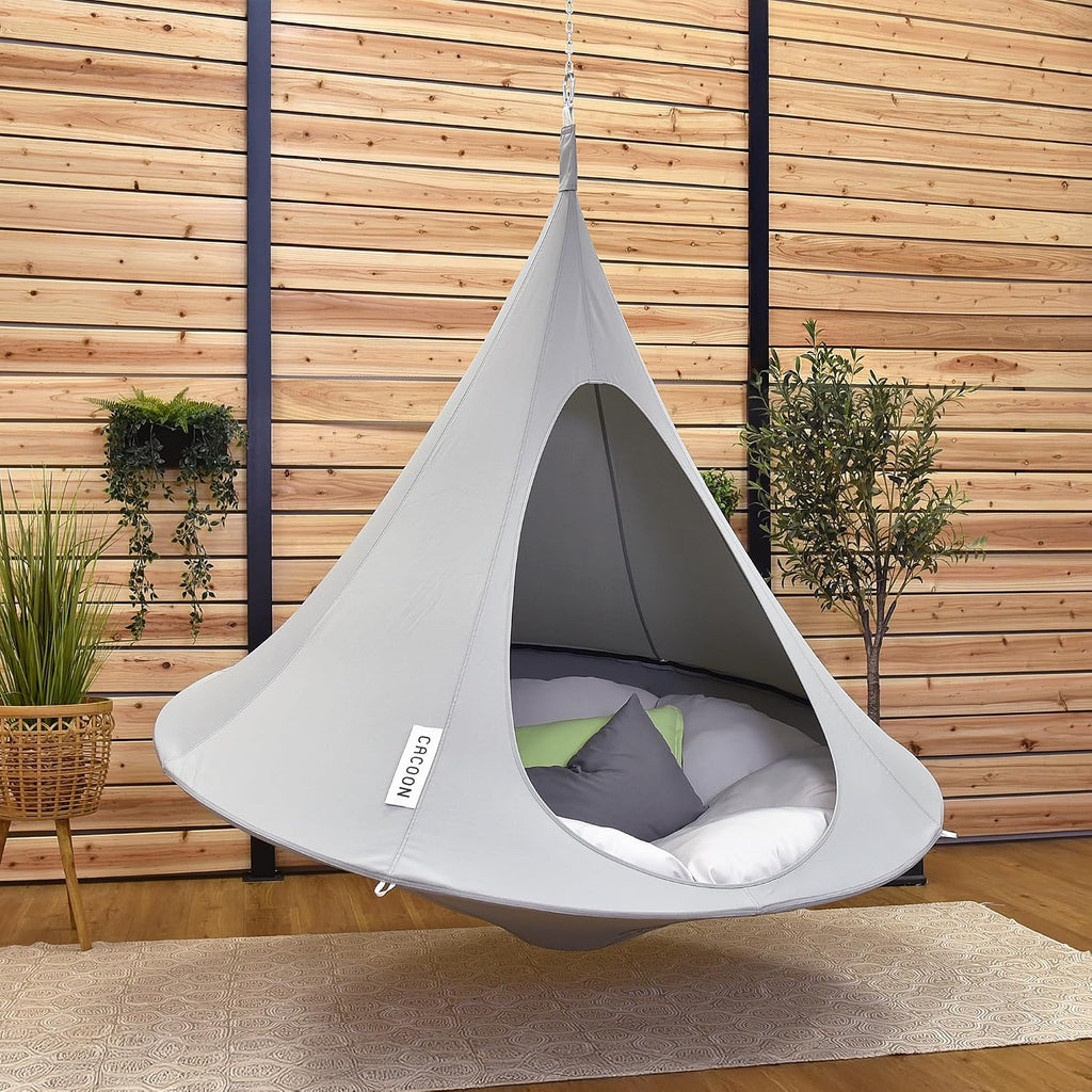 Double Cacoon Hanging Chair for Two – Cozy Indoor/Outdoor Hammock with Polyester Canvas, 440 lb Capacity, Includes 18ft Rope & Carabiner (Moon River)