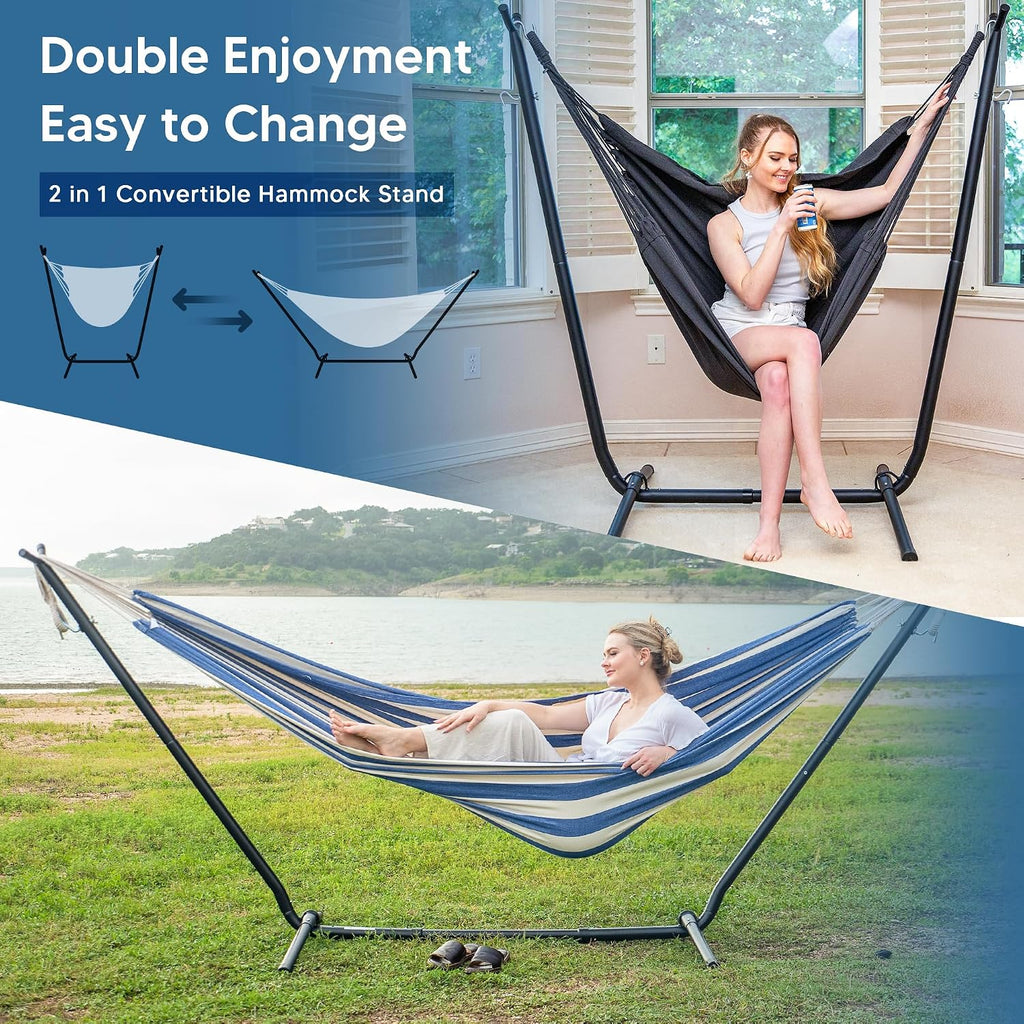 SUNCREAT 2-in-1 Convertible Free Standing Hammock with Stand Included, Camping Backyard Hammock with Stand, Patented, Blue & White Stripe