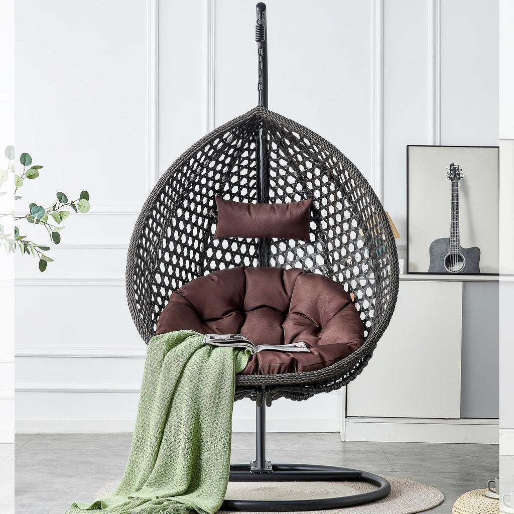 Egg Chair Indoor Outdoor, Hanging Chair for Bedroom, Swing Chair Hammock with Stand & Cushions, Comfy Swinging Chair Adult Reading Chair for Patio Balcony Backyard, Heavy Duty 350LBS, Black