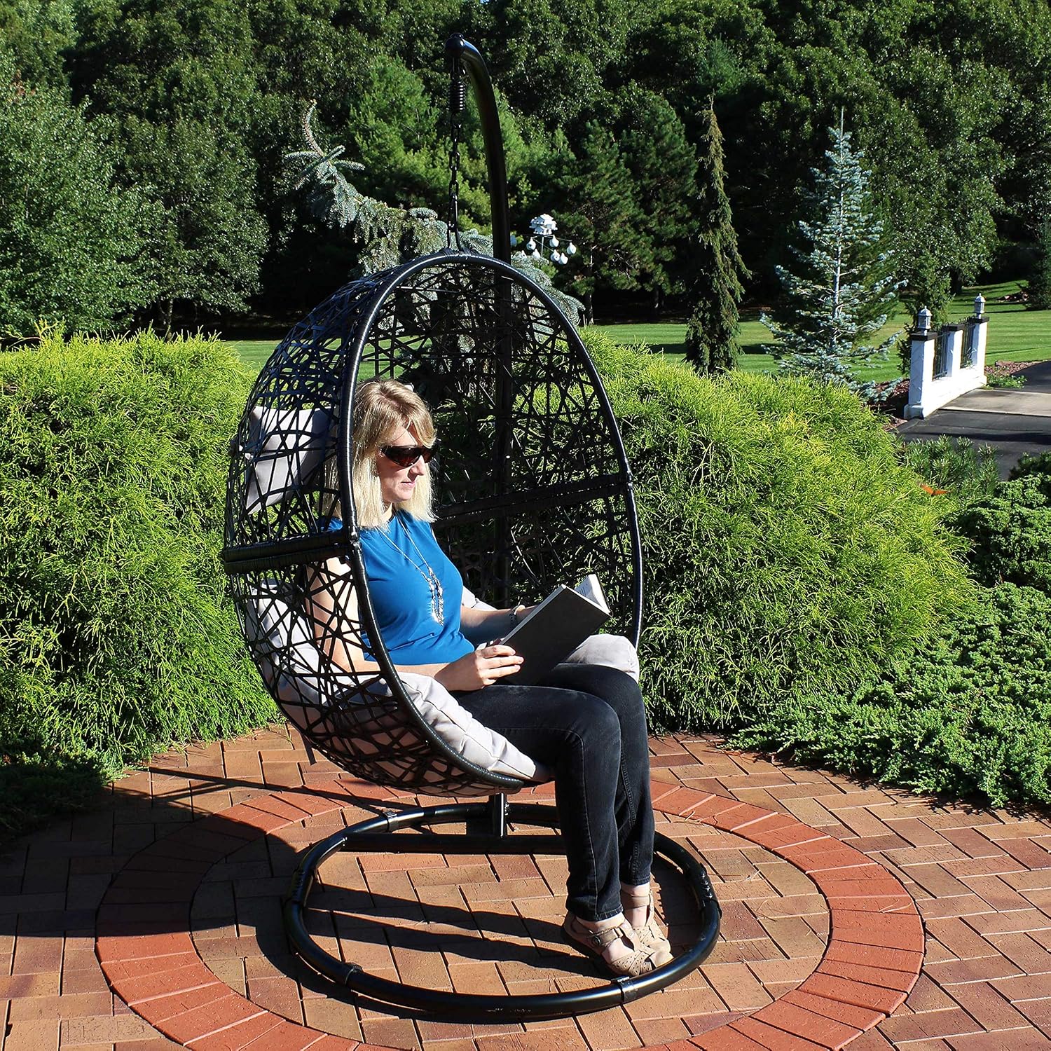 Sunnydaze Jackson Resin Wicker Hanging Egg Chair with Steel Stand - 265-Pound Weight Capacity - Includes Gray Cushions
