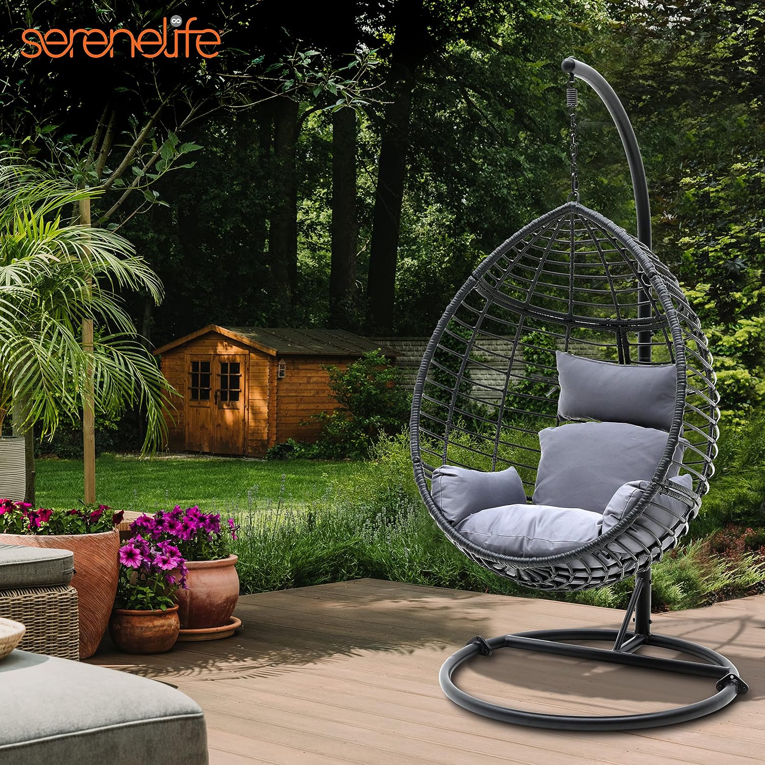 SereneLife Hanging Egg Chair with Stand - Indoor Outdoor Patio Wicker Rattan Lounge Chair with Stand, Steel Frame, UV Resistant Washable Cushions for Garden Backyard Deck Sunroom SLGZ0EGBL (Black)