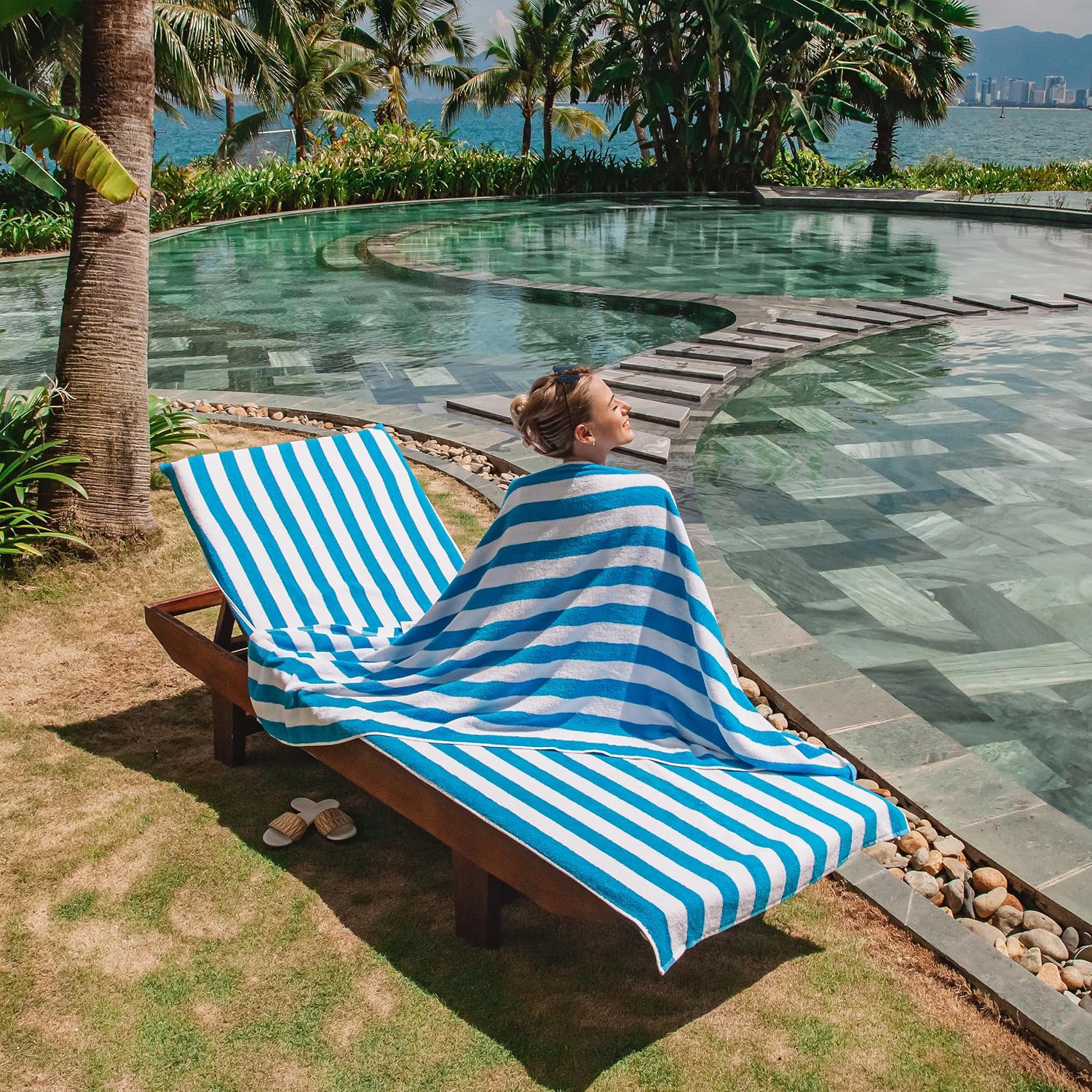 Arkwright California Chaise Lounge Cover - Case of 12 - Striped Soft Cotton Cabana Towel with Pocket Holder for Beach Pool Outdoor Chair, 30 x 85 in., Blue