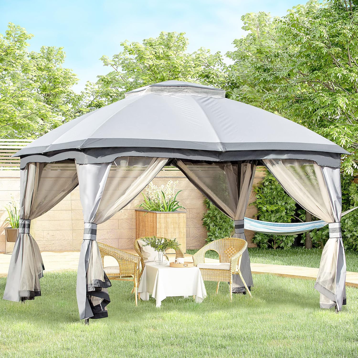 Outsunny 10' x 12' Outdoor Gazebo, Patio Gazebo Canopy Shelter w/Double Vented Roof, Zippered Mesh Sidewalls, Solid Steel Frame, Grey