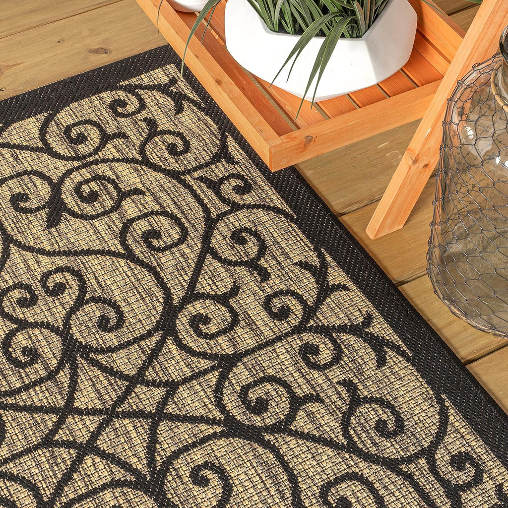 JONATHAN Y Vintage Filigree Indoor Outdoor Runner Rug 2X14 Black/Khaki, Madrid Textured Weave for Backyard, Patio, Porch, Easy-Cleaning, High Traffic, Pet-Friendly, Non-Shedding (SMB107A-214)