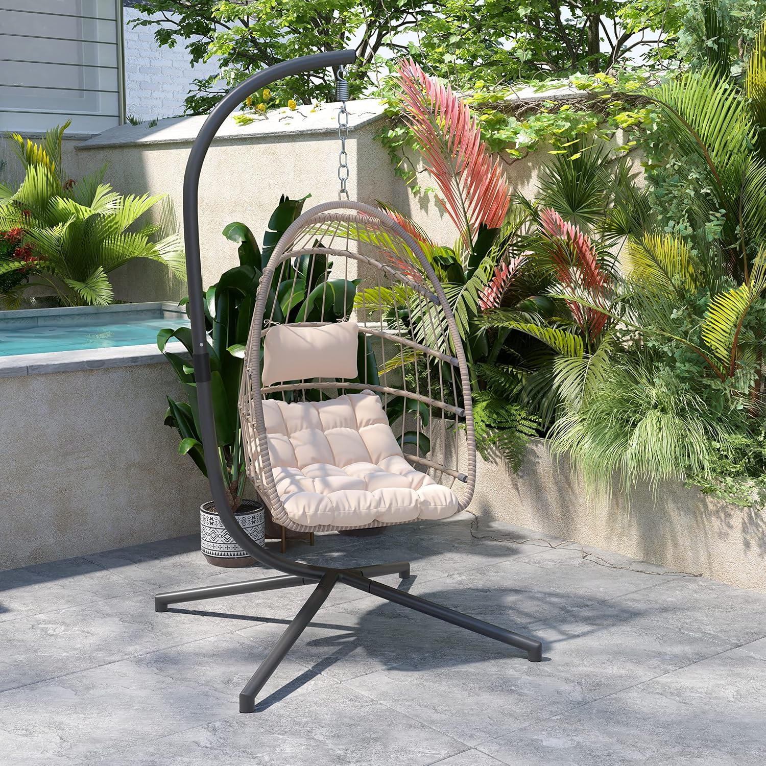Flash Furniture Cleo Indoor/Outdoor Patio Hanging Egg Chair - Natural Frame with Cream Seat Cushions - Black Powder Coated C-Style Stand - Hanging Hardware Included