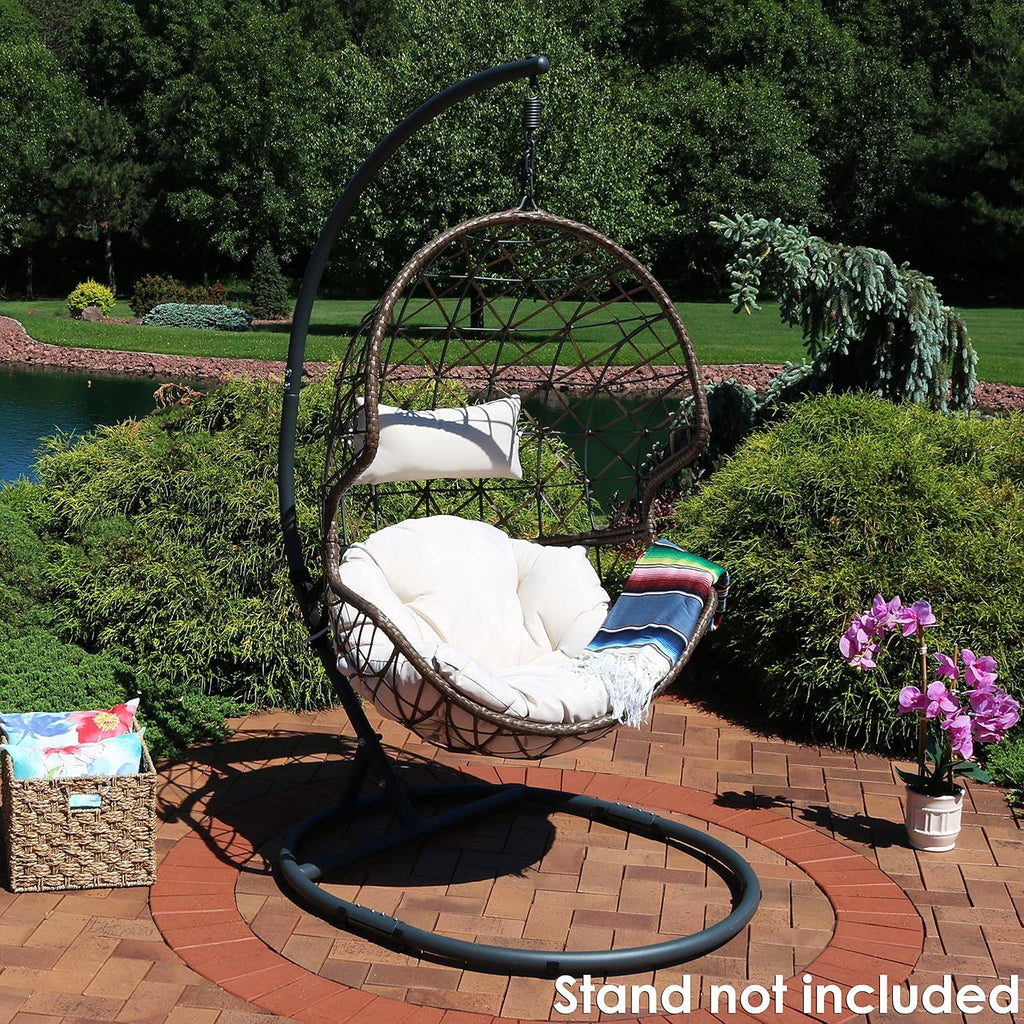 Sunnydaze Danielle Hanging Egg Chair - Resin Wicker Basket Design - Outdoor Use - Includes Beige Cushion