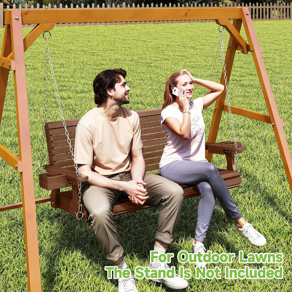 Real Relax 2-Seater Front Porch Swing, Wooden Outdoor Porch Swing Bench Chair with Cupholders, Upgraded 22' Deep Seat, Heavy Duty 880 Lbs Hanging Chains for Outdoor, Patio, Backyard 4 FT (Teak Tone)