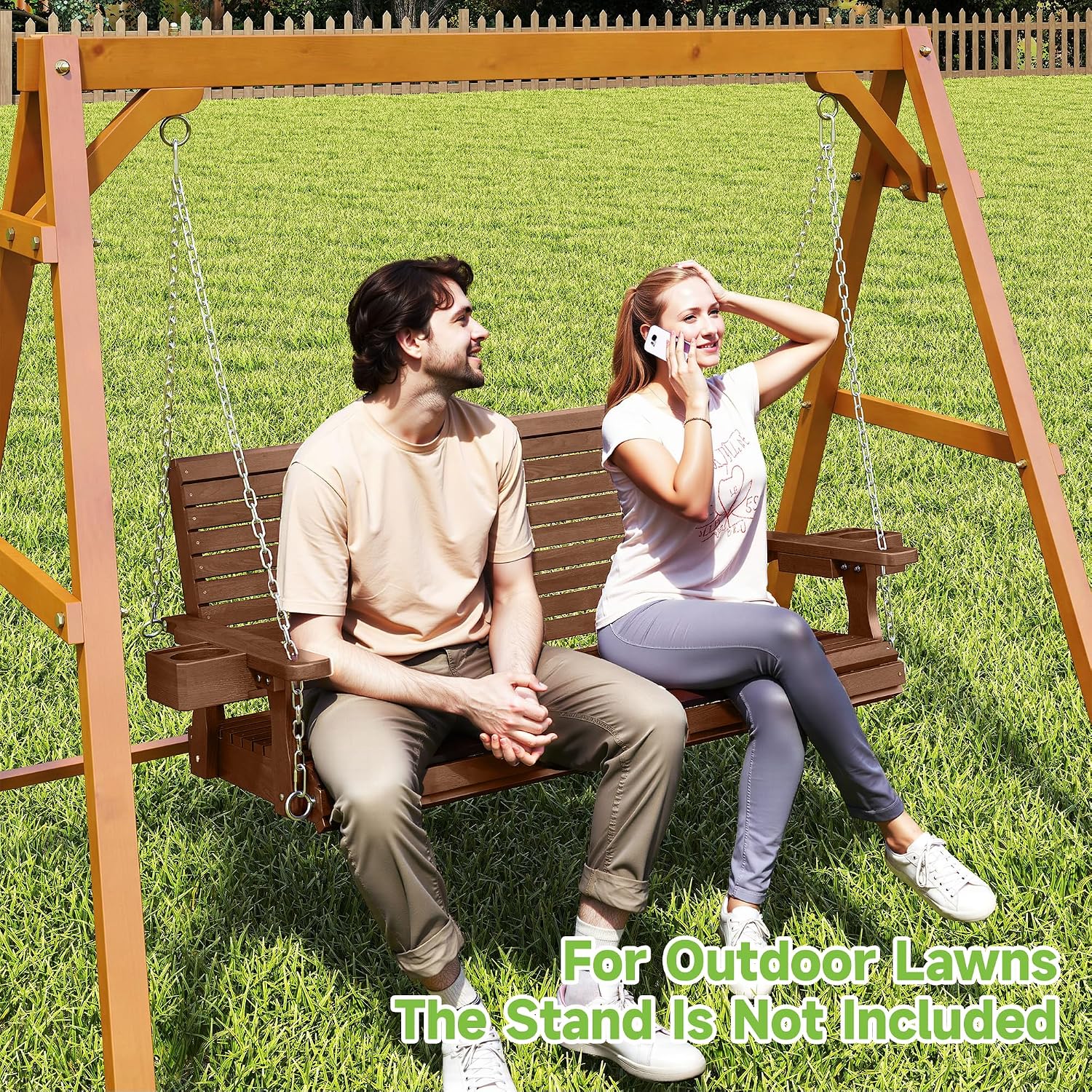 Real Relax 2-Seater Front Porch Swing, Wooden Outdoor Porch Swing Bench Chair with Cupholders, Upgraded 22' Deep Seat, Heavy Duty 880 Lbs Hanging Chains for Outdoor, Patio, Backyard 4 FT (Teak Tone)