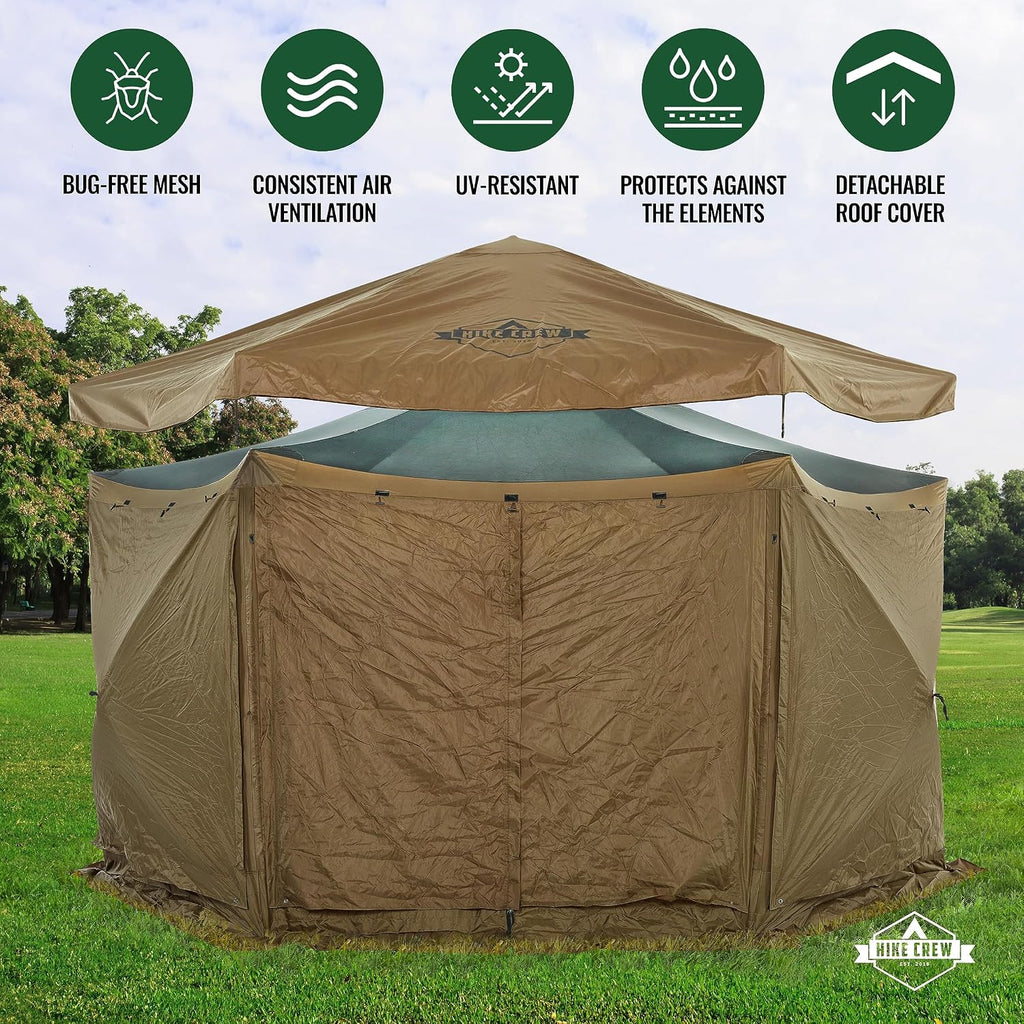 Hike Crew 13' x 13' Screened Roof Pop-Up Gazebo Screen Tent | 6-Sided Outdoor Canopy Shelter w/Roof Cover, Built-in Zippered Panels, Built-in Awning, Stakes, Ropes & Carry Bag | UV Resistant SPF 50+