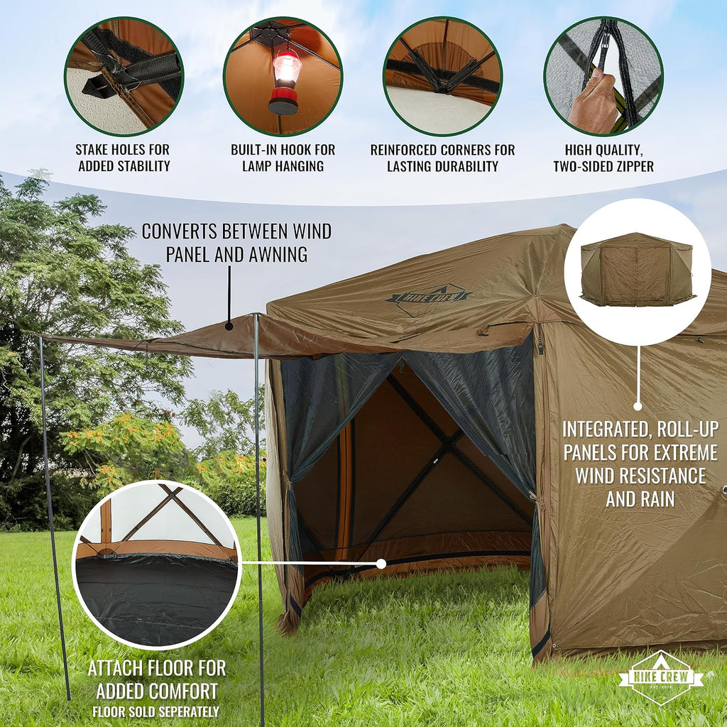 Hike Crew 13' x 13' Screened Roof Pop-Up Gazebo Screen Tent | 6-Sided Outdoor Canopy Shelter w/Roof Cover, Built-in Zippered Panels, Built-in Awning, Stakes, Ropes & Carry Bag | UV Resistant SPF 50+