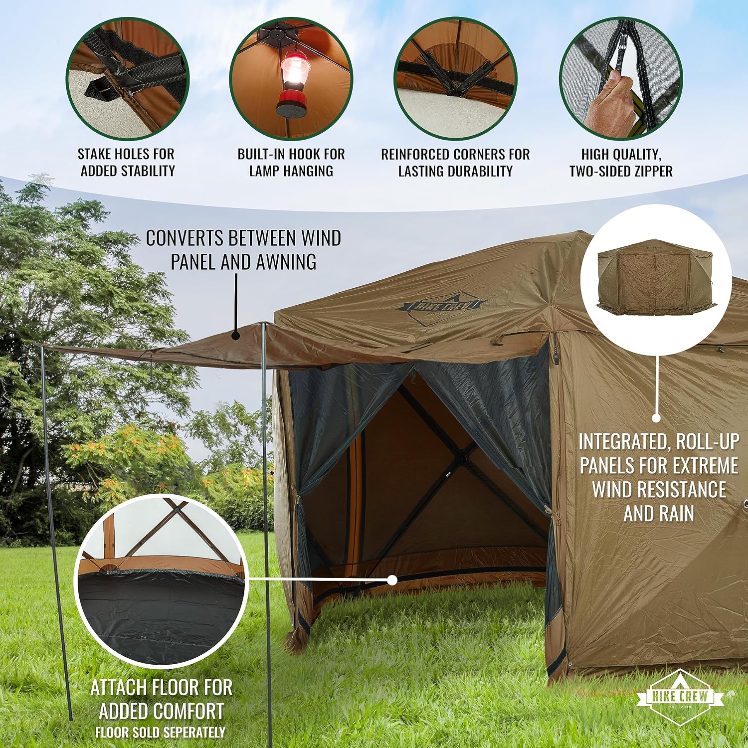 Hike Crew 13' x 13' Screened Roof Pop-Up Gazebo Screen Tent | 6-Sided Outdoor Canopy Shelter w/Roof Cover, Built-in Zippered Panels, Built-in Awning, Stakes, Ropes & Carry Bag | UV Resistant SPF 50+