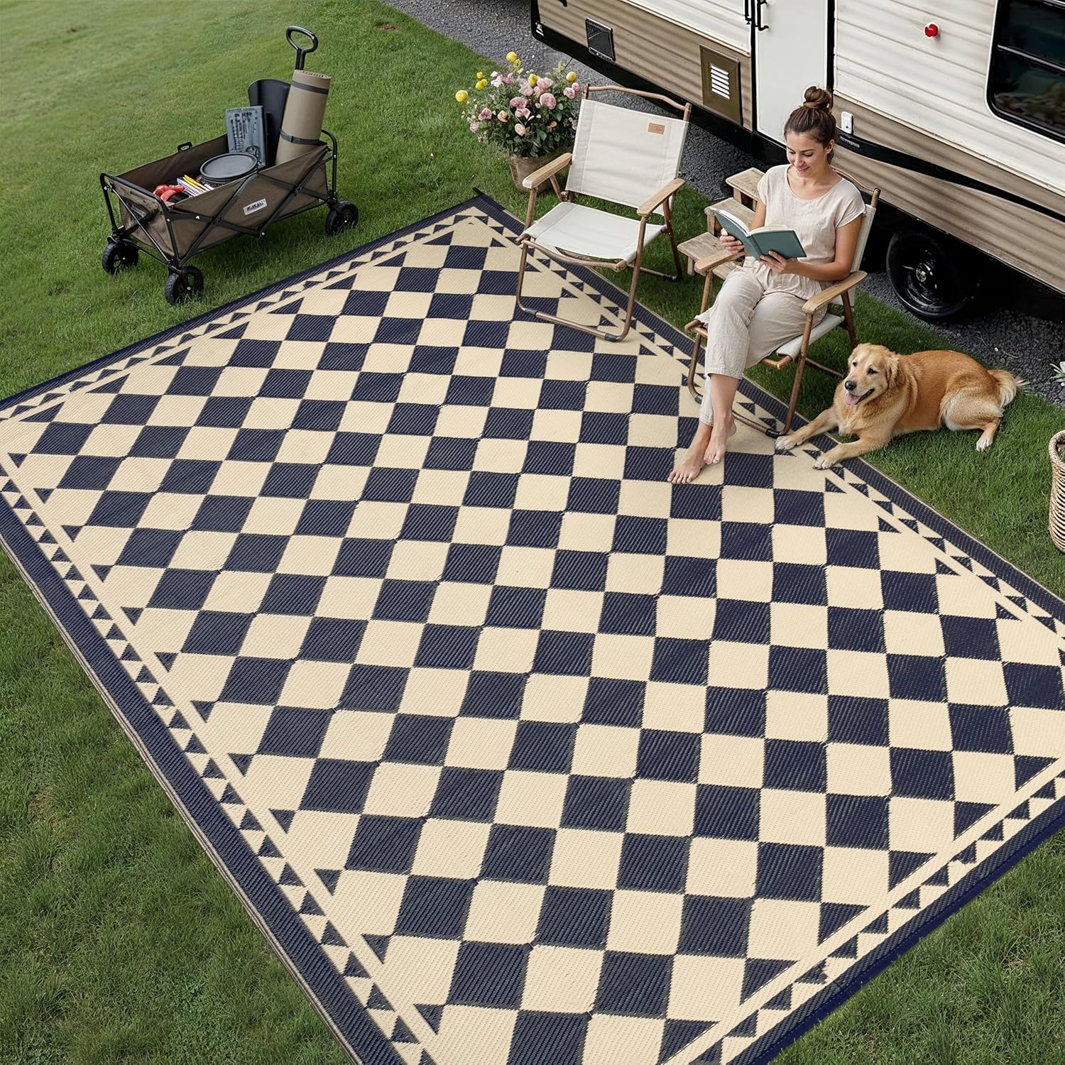HUGEAR Outdoor Waterproof Rug 9'x18' Plastic Straw Rugs Washable Reversible Floor Mat Beige Plaid Carpet for Camping RV Deck Entryance Porch Picnic Balcony Beach Backyard