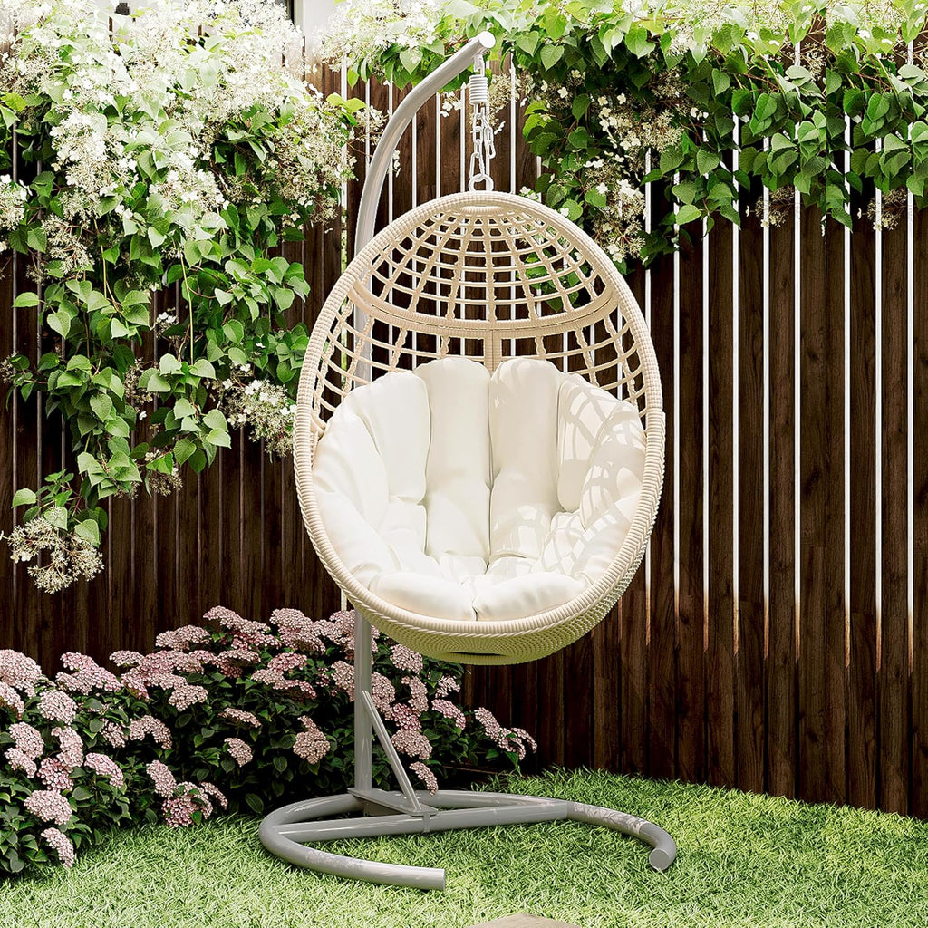 Egg Swing Chair with Stand: Hand Woven PE Rattan Hanging Chairs Hammock - Indoor Outdoor Swinging Lounger with Soft Cushion for 330lbs Patio Balcony Garden Living Room Bedroom Porch, Beige
