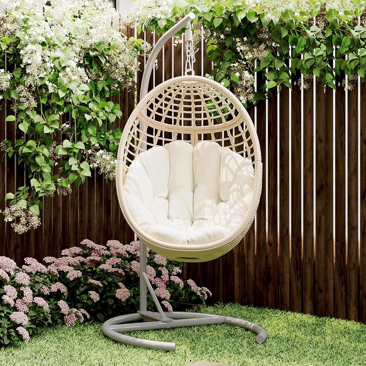 Egg Swing Chair with Stand: Hand Woven PE Rattan Hanging Chairs Hammock - Indoor Outdoor Swinging Lounger with Soft Cushion for 330lbs Patio Balcony Garden Living Room Bedroom Porch, Beige