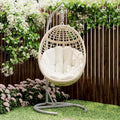 Egg Swing Chair with Stand, Rattan Egg Hanging Hammock Chair with Soft Cushion for 330lbs Patio Balcony Garden Living Room Bedroom Porch Indoor Outdoor, Beige