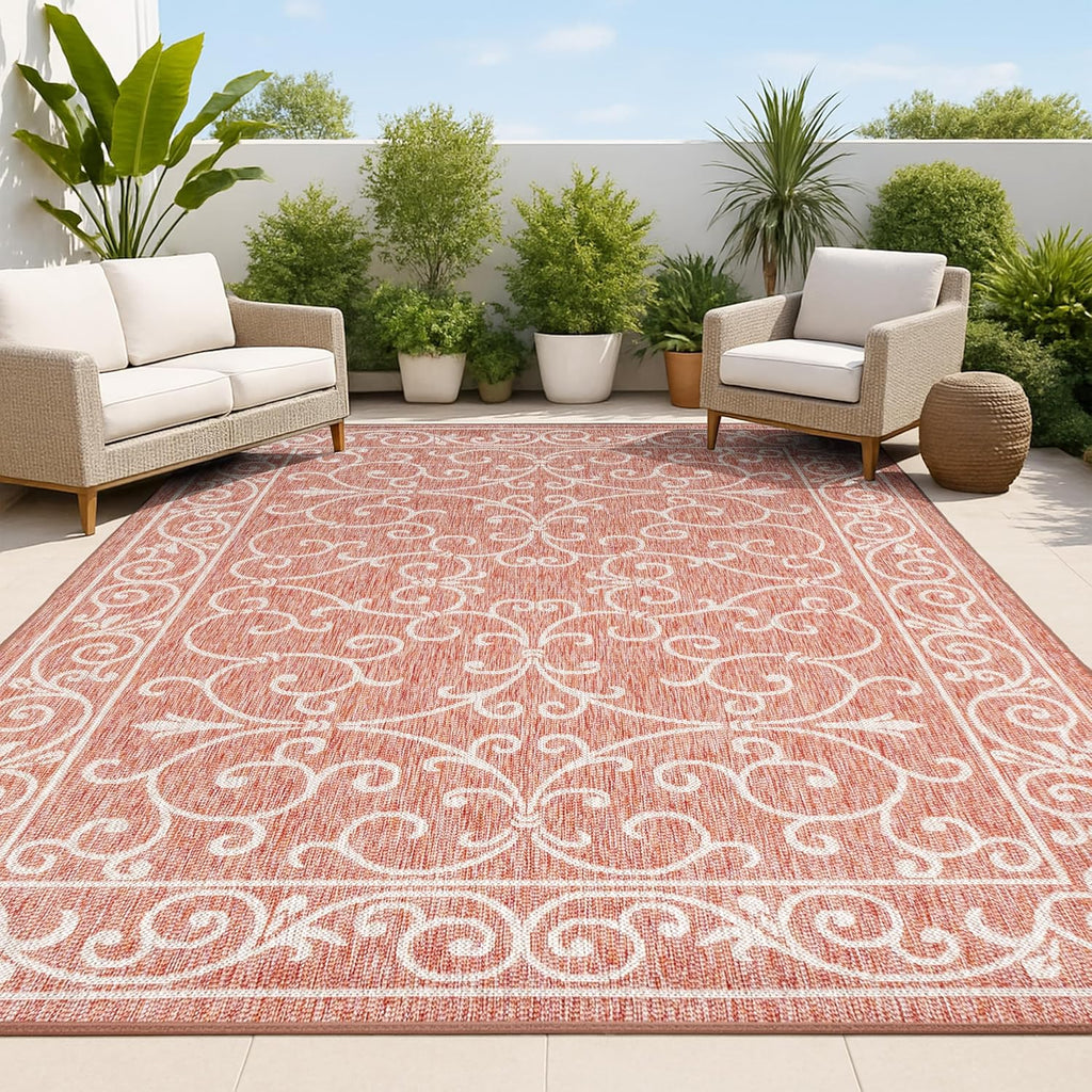 JONATHAN Y Vintage Filigree Indoor Outdoor Area Rug 9X12 Red/Beige, Charleston Textured Weave for Backyard, Patio, Porch, Easy-Cleaning, High Traffic, Pet-Friendly, Non-Shedding (SMB106B-9)